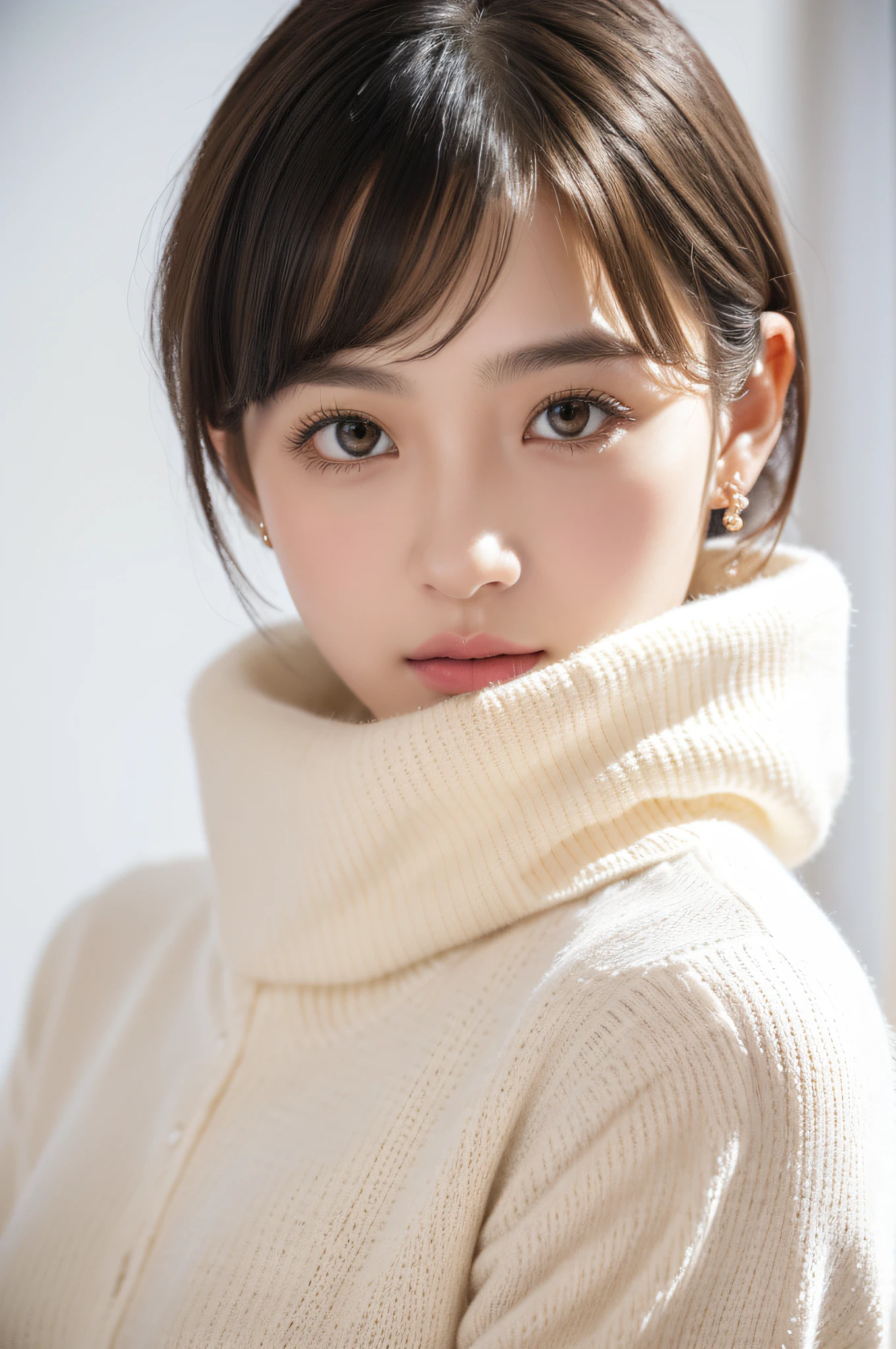 (8k, RAW photos, top quality, masterpiece: 1.2), ultra detailed, super resolution, (real, real photos: 1.37), portraits, high definition RAW color photos, professional photos, very detailed and beautiful, highly detailed, 8k wallpapers, amazing details, huge file size, official art, highly detailed CG Unity 8k wallpapers, highly detailed beautiful girls, highly detailed faces, Highly Detailed Eyes, Highly Detailed Skin, Highly Detailed Fingers, Very Detailed Nose, Highly Detailed Detailed Mouth, Perfect Anatomy, Detailed Background, Detailed Clothes, One Girl, (20:1.2), 20s, Cute Girl, Realistic Body, Petite, White Skin, Radiant Skin, Slim Body, Black Hair, Short Hair, (Blunt Bangs: 1.2), Cute, Youthful, Pretty Face, Realistic Face, Delicate Eyes, Sale Eyes, ( (Fashionable winter clothes)), ((Up)), ((((Short hair)))), Earrings, Looking at the camera, Cowboy shot, Facing Front, Standing Posture, Contrapposto, Dynamic Lighting, C Cup Breasts,