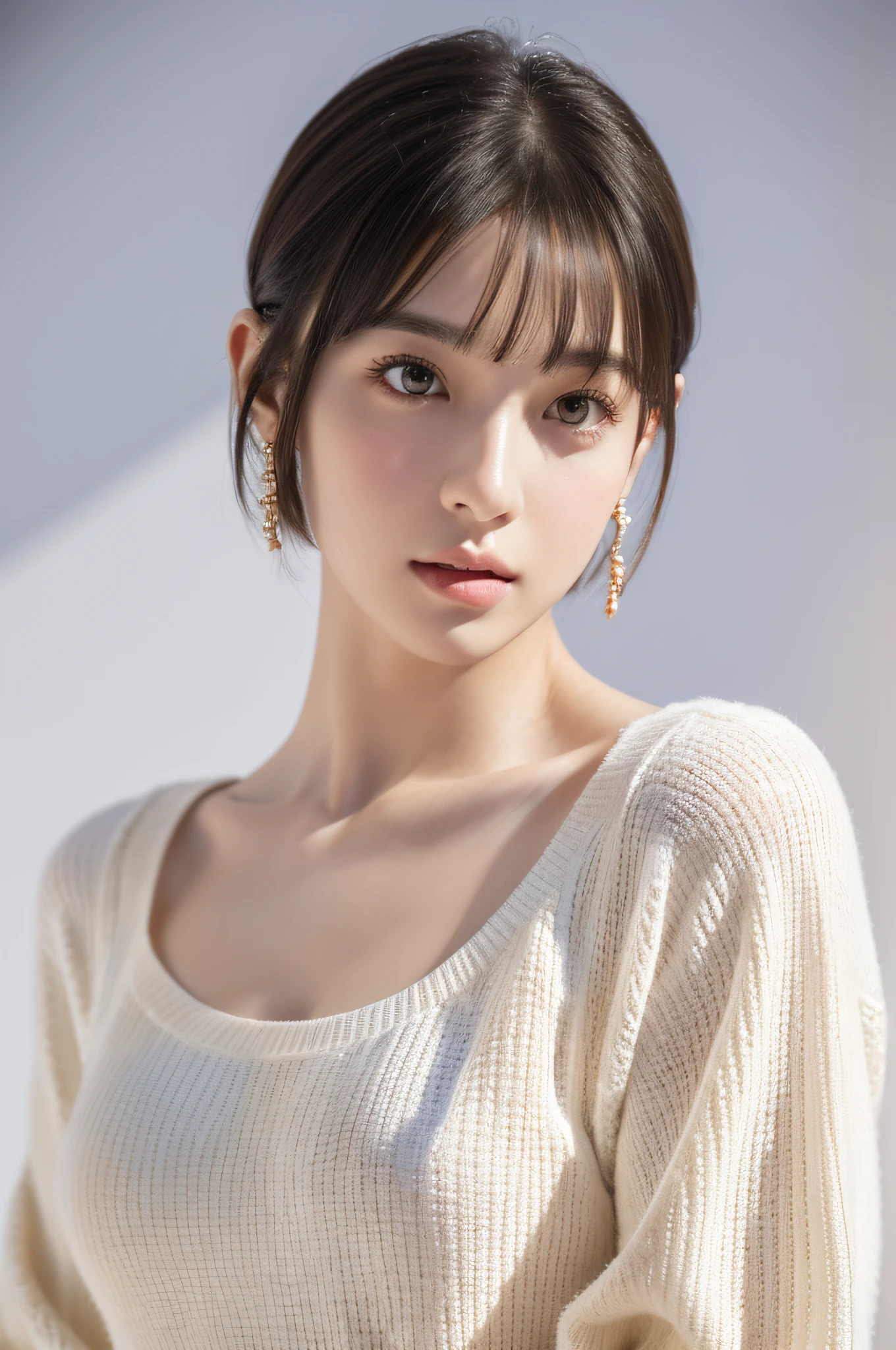 (8k, RAW photos, top quality, masterpiece: 1.2), ultra detailed, super resolution, (real, real photos: 1.37), portraits, high definition RAW color photos, professional photos, very detailed and beautiful, highly detailed, 8k wallpapers, amazing details, huge file size, official art, highly detailed CG Unity 8k wallpapers, highly detailed beautiful girls, highly detailed faces, Highly Detailed Eyes, Highly Detailed Skin, Highly Detailed Fingers, Very Detailed Nose, Highly Detailed Detailed Mouth, Perfect Anatomy, Detailed Background, Detailed Clothes, One Girl, (20:1.2), 20s, Cute Girl, Realistic Body, Petite, White Skin, Radiant Skin, Slim Body, Black Hair, Short Hair, (Blunt Bangs: 1.2), Cute, Youthful, Pretty Face, Realistic Face, Delicate Eyes, Sale Eyes, ( (Fashionable winter clothes)), ((Up)), ((((Short hair)))), Earrings, Looking at the camera, Cowboy shot, Facing Front, Standing Posture, Contrapposto, Dynamic Lighting, C Cup Breasts,