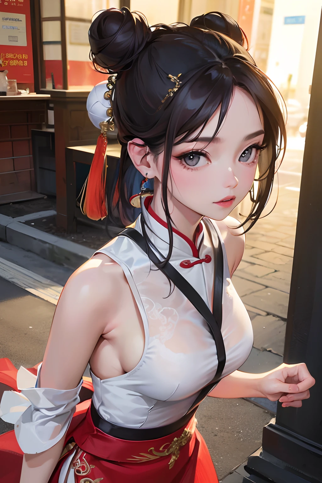 A MILF_Saga, (8K, (RAW photo:1.2), (Photorealistic:1.3), Realistic, Photorealistic, Best quality, absurderes, 超高分辨率, Masterpiece, color difference:1.1)), NSFW, (view the viewer:1.21), (1girll), (Bun, hair-bun), Eye focus, Thighs, navel, Town, Outdoors, Chinese style architecture, hair adornments, Bare shoulders, jewelry, Earrings