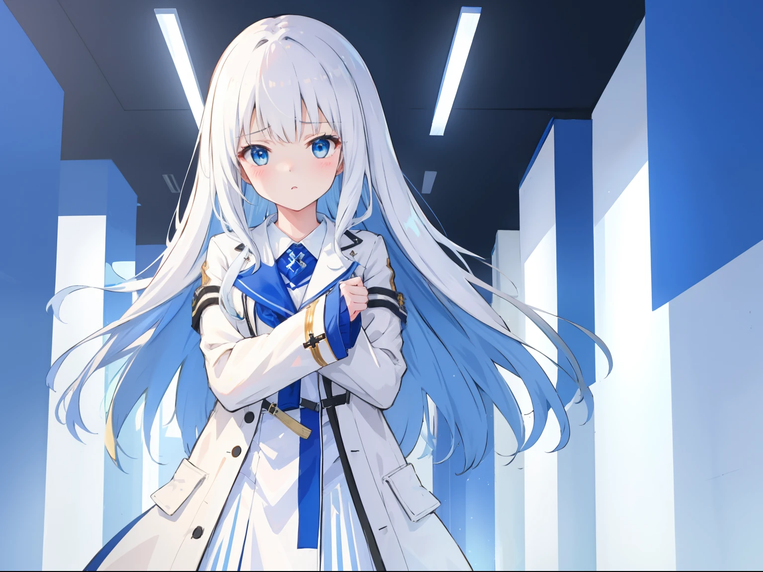 1girll,White color hair,long whitr hair,blue color eyes,(Carefully portray the face),Height 166cm,high school senior,adolable,White trench coat,vred,pouty,Cross your hands over your shoulders,(Carefully depict the action),(Carefully portray clothes),(Carefully depict the expressions),Day Man Girl,tmasterpiece,8k wallpaper,Ambient light,Poor milk,