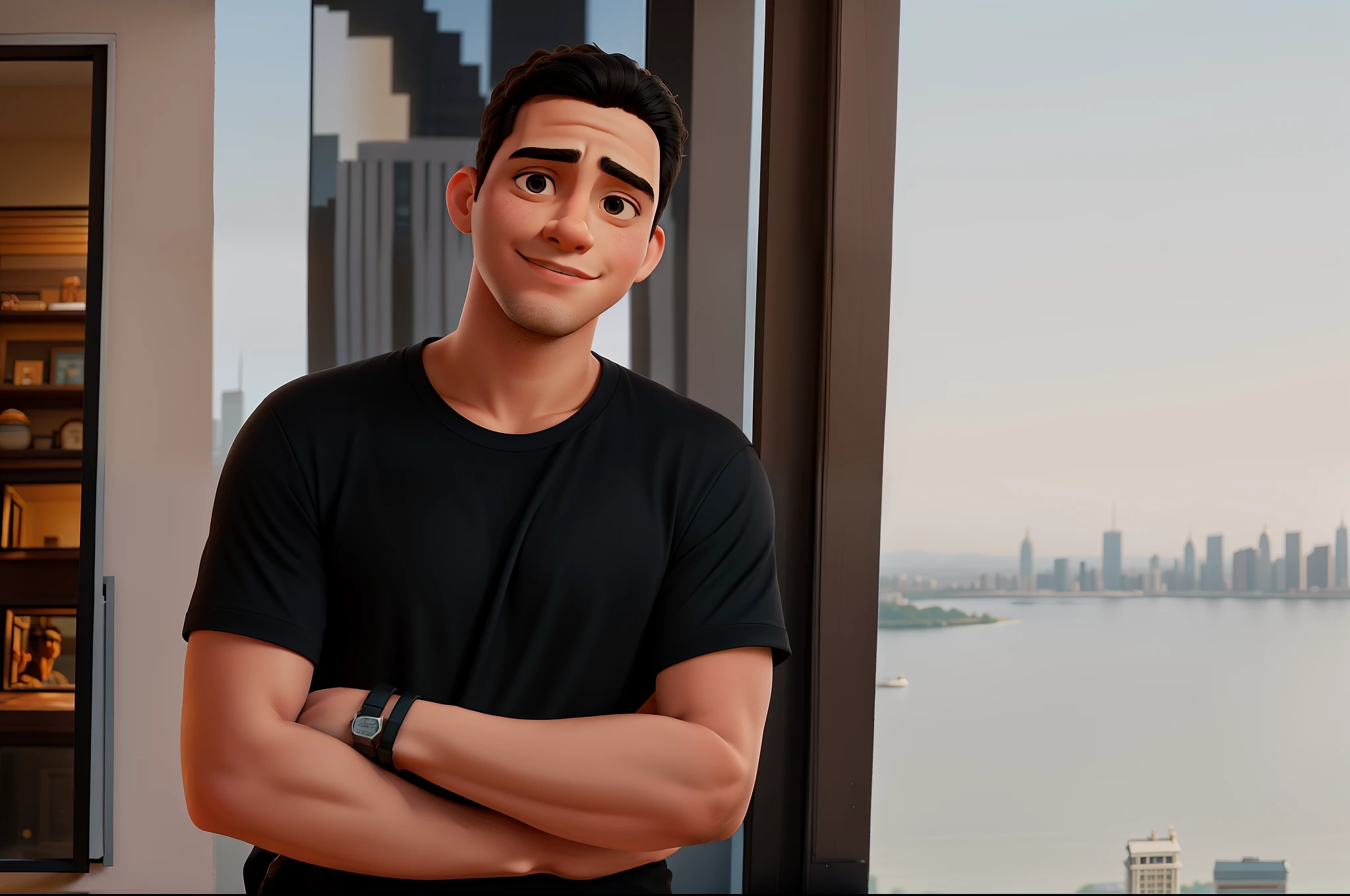 arafed man standing in front of a window with a city view, mid shot portrait, portrait of danny gonzalez, lofi portrait at a window, he is wearing a black t-shirt, caio santos, standing near a window, joel torres, daniel mirante, by Alejandro Obregón, alex miranda, portrait shot 8 k