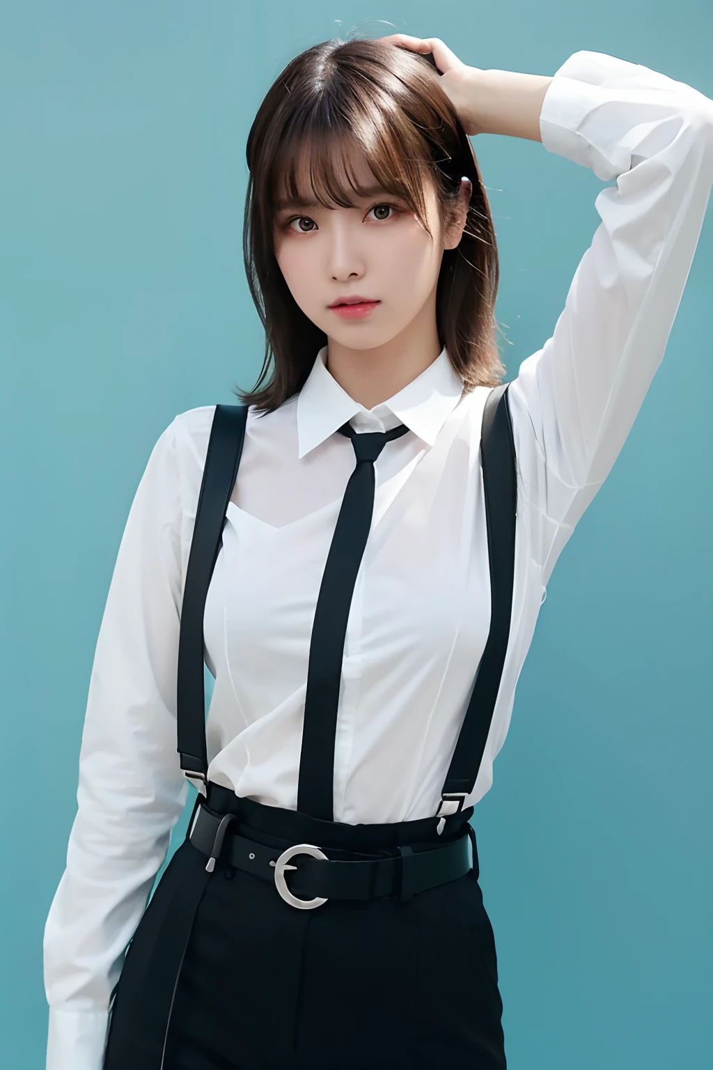 masterpiece、flat-colors、depth of fields、lens flare 1 girl、、Brown hair、watching at viewers black suspenders bulging big breasts Armpit sweat perspiring Side of both hands walls: Black pants, Black Suit Chain arma Gaze Small face Bangs Upper Eyes flank Colorcon Cutter shirt holster chain a belt