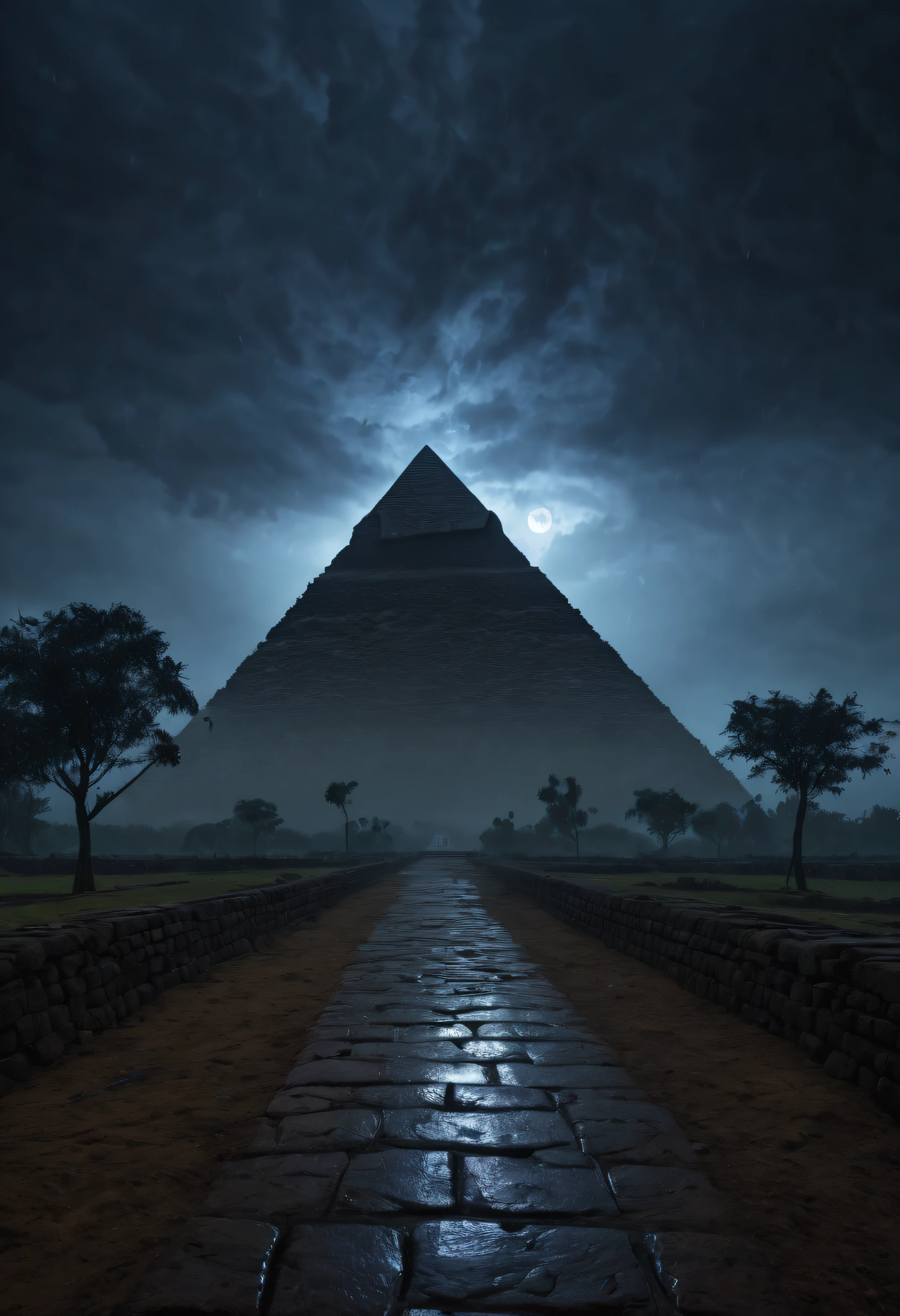 a pyramid in a rainy night,dark sky,stormy clouds,pouring rain,shiny wet surface,reflection of lights on the raindrops,glistening rain-soaked stones,moody atmosphere,foggy surroundings,moonlight breaking through the clouds,ominous shadows at the base of the pyramid,mysterious aura,glowing fluorescent lights,cold and damp environment,isolated and desolate location,dimly lit path leading towards the pyramid,strong wind blowing,raindrops hitting the ground,silhouettes of trees in the background,misty haze surrounding the pyramid,powerful symbol of ancient civilization,intense feeling of awe and wonder-(best quality,4k,8k,highres,masterpiece:1.2),ultra-detailed,(realistic,photorealistic,photo-realistic:1.37),HDR,UHD,studio lighting,ultra-fine painting,sharp focus,physically-based rendering,professional,vivid colors,bokeh,landscape,horror.