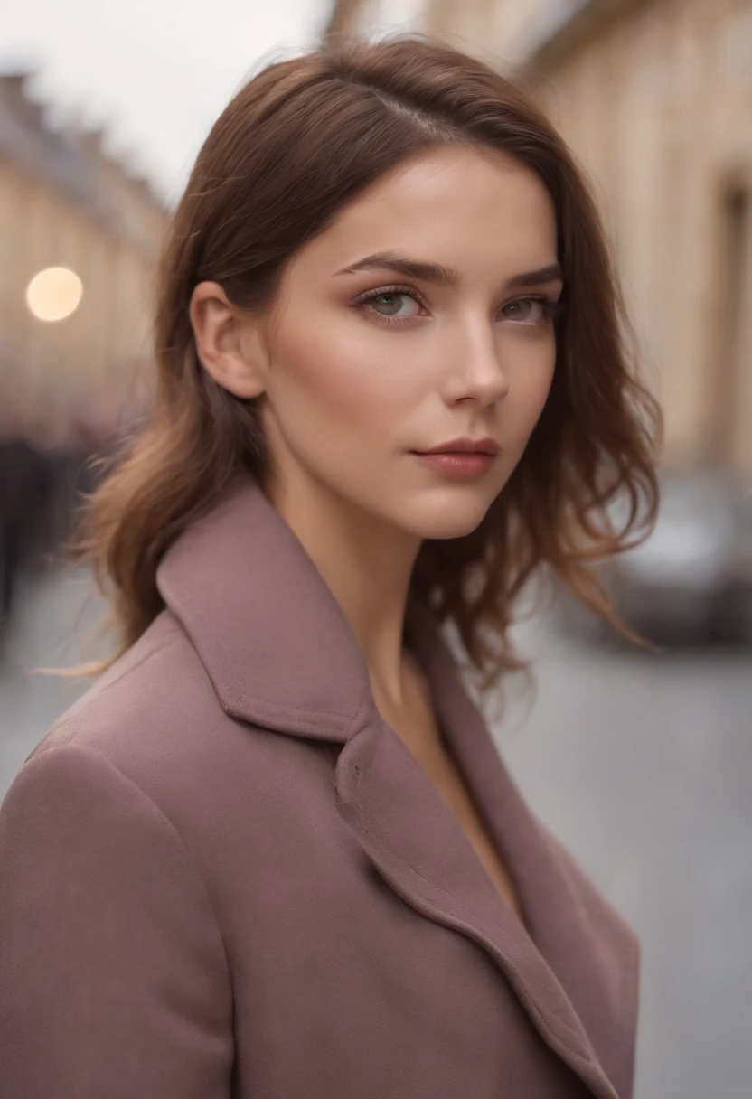 Un jeune  en trench-coat marron, Cheveux violets moyens et yeux jaunes, Des yeux bien dessinés, Au loin, Dos et dos, les mains dans les poches. Seul au milieu d’une rue vide de la ville, La nuit. Style sombre, Parfaitement dessiné, Bonne coloration et femme quasiment réel avec des detail soigner