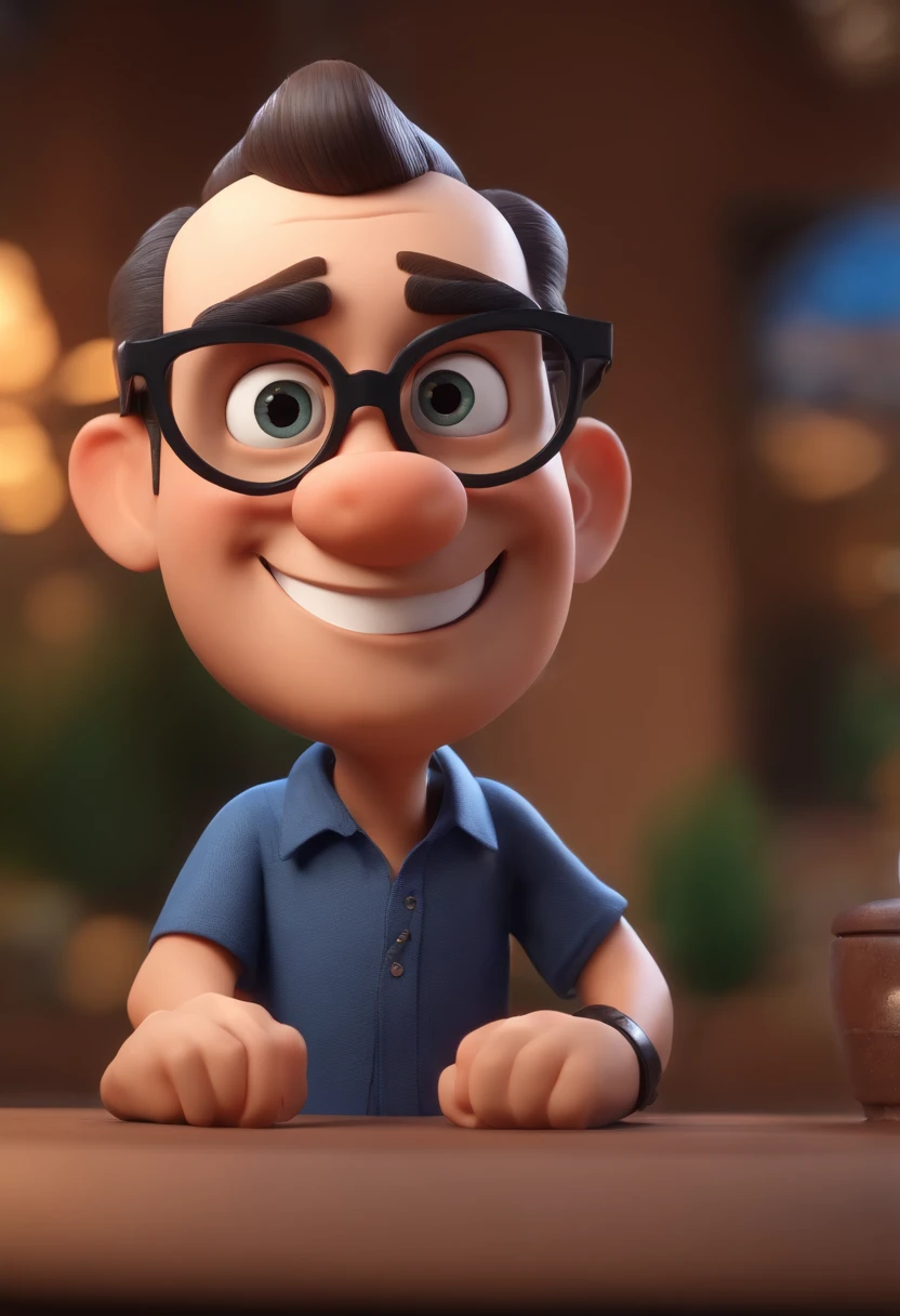 Cartoon character of a man wearing black glasses and a blue shirt, um personagem animado, Caractere estilizado, animation style rendering, 3D estilizado, Arnold Maya render, 3 d render stylized, toon render keyshot, Personagem 3D, Personagem 3D, 3d rendering stylized, 3 d character render, personagem de desenho animado, Personagem de close up, Pose de personagem, (Estilo Pixar) (master part:1.2) (Bokeh) (best quality) (pele detalhada) (textura detalhada) (8k) (argila) (Cinematic lighting) (foco nítido，Senta e vaza a parte superior do corpo