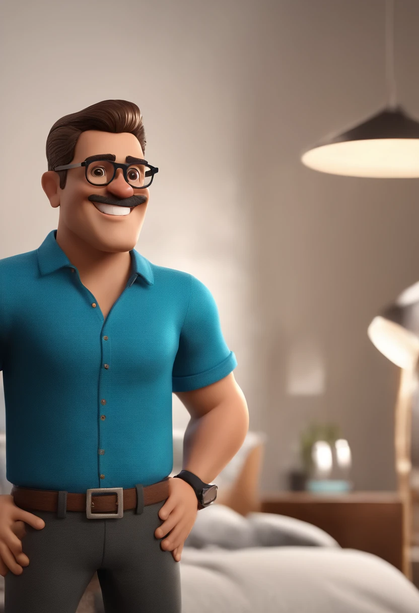 Cartoon character of a man wearing black glasses and a blue shirt, um personagem animado, Caractere estilizado, animation style rendering, 3D estilizado, Arnold Maya render, 3 d render stylized, toon render keyshot, Personagem 3D, Personagem 3D, 3d rendering stylized, 3 d character render, personagem de desenho animado, Personagem de close up, Pose de personagem, (Estilo Pixar) (master part:1.2) (Bokeh) (best quality) (pele detalhada) (textura detalhada) (8k) (argila) (Cinematic lighting) (foco nítido,Senta e vaza a parte superior do corpo