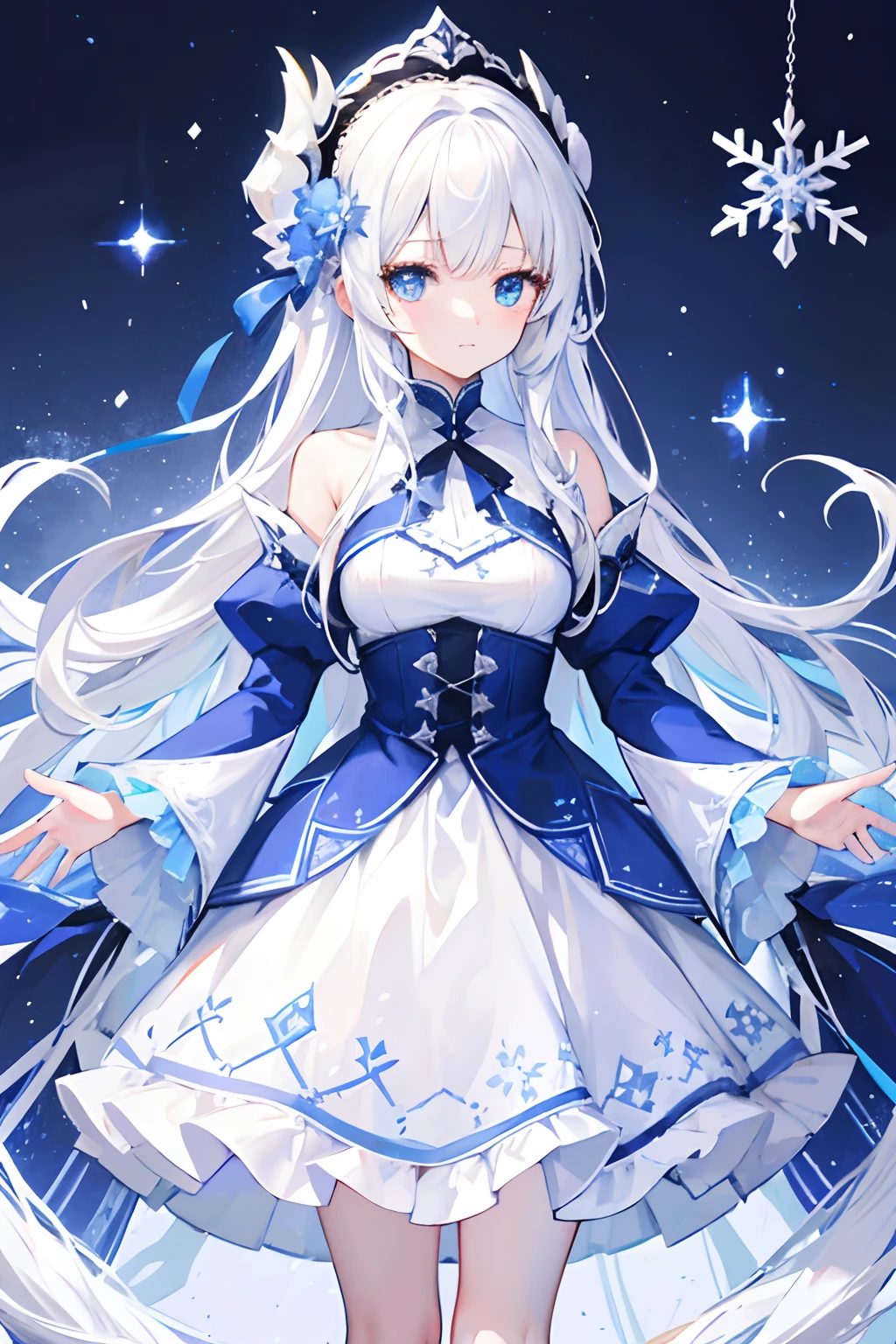 long white hair,blue color eyes,snowflower,The pattern of the snowflake,Multi-layered lolita skirt,snowfield,nevando,Snow Garden