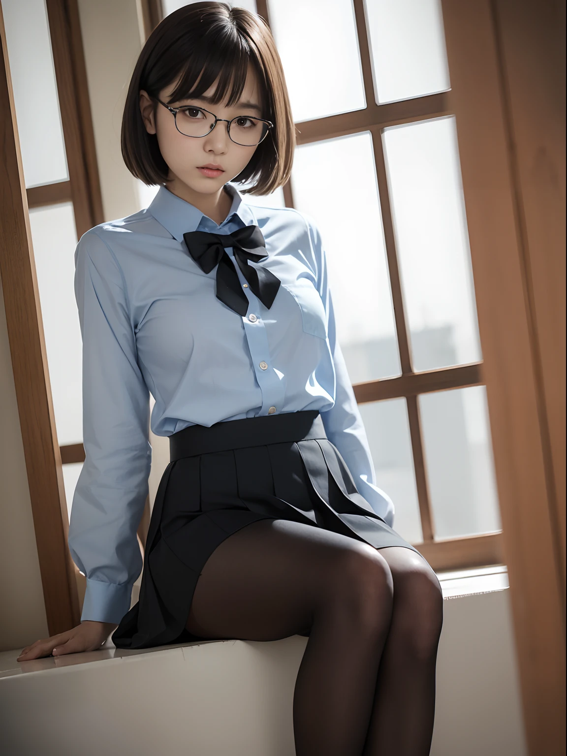 ((Do not generate NSFW images)),(((Image generation from thighs to head))),(Sit on a chair and open your legs to show the panties you're wearing.),
(best quality,8k,high resolution,masterpiece), (ultra-detailed,realistic),(Especially the depiction of the eyes is detailed and accurate.), (1woman), (looking at viewer), (she has short hair style), (she wears glasses), (she is wearing a light blue shirt), (she is wearing a navy blue miniskirt), (A short hairstyle that gives off a neat and tidy impression), (Wellington-shaped glasses with black cell frames), (A lady of pure essence, adorned with innocence and a pristine aura, yet fortified with an unwavering inner strength, exudes a gentle grace.), (A Japanese woman, 30 years old and 155cm tall.), (In impeccable attire, a woman adorned in a sky-blue shirt gazes upon me with gentle eyes, her presence a soothing balm to the soul.),