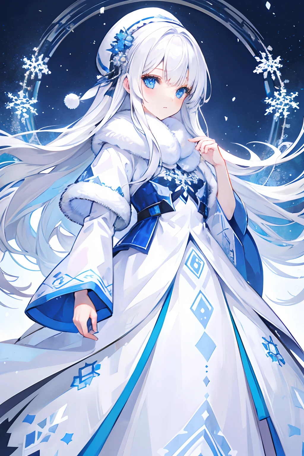 long  white hair，blue color eyes，snowflower，The pattern of the snowflake，winter clothes，Nomadic costumes，snowfield，nevando，Snow Garden