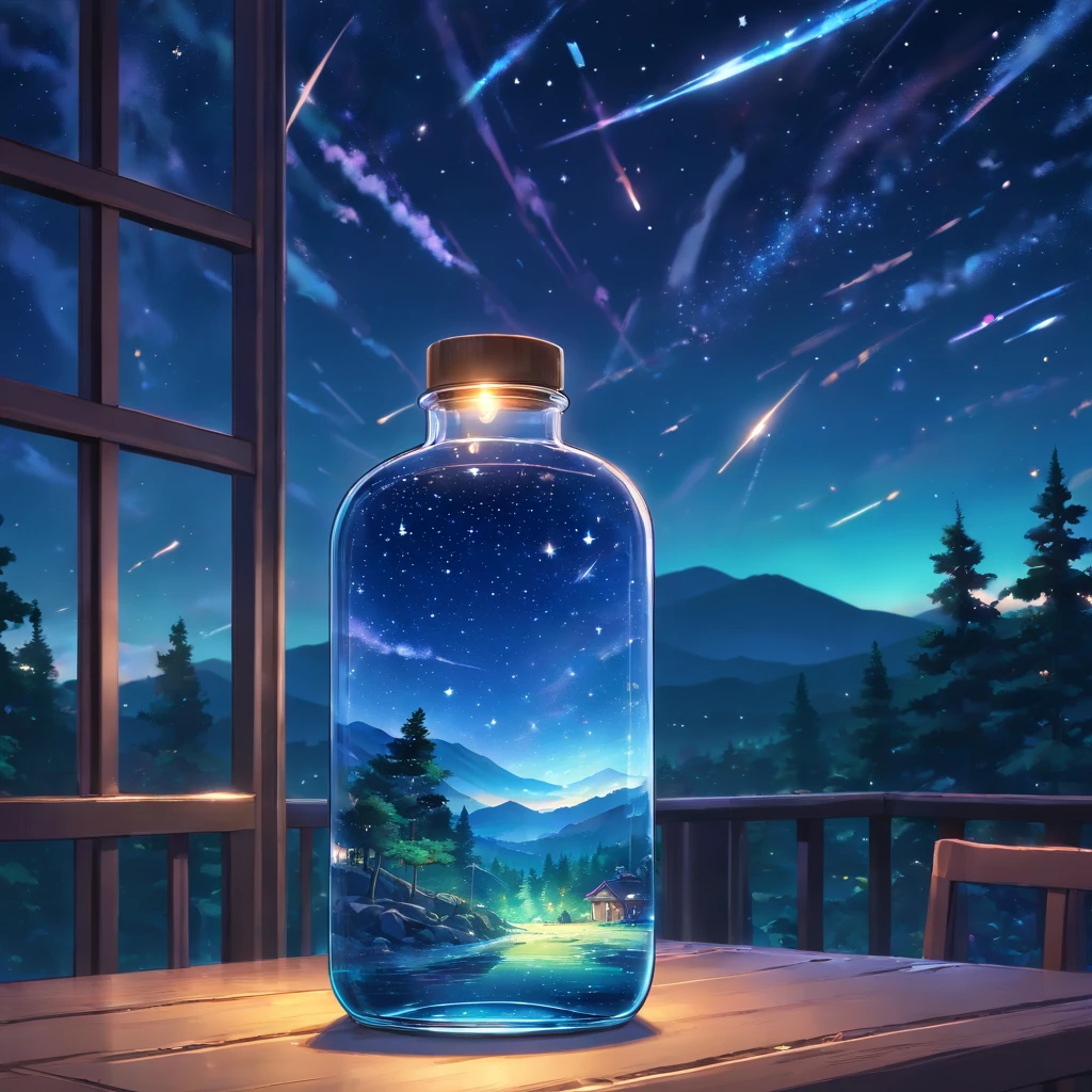 (An starry sky, in a bottle), atmospheric oliva lighting, on the table, 4k UHD, dark vibes, hyper detailed, vibrant colours forest background, epic composition, octane render, sharp focus, high resolution isometric