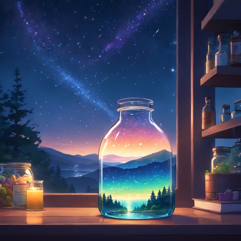 (An starry sky, in a bottle), atmospheric oliva lighting, on the table, 4k UHD, dark vibes, hyper detailed, vibrant colours forest background, epic composition, octane render, sharp focus, high resolution isometric