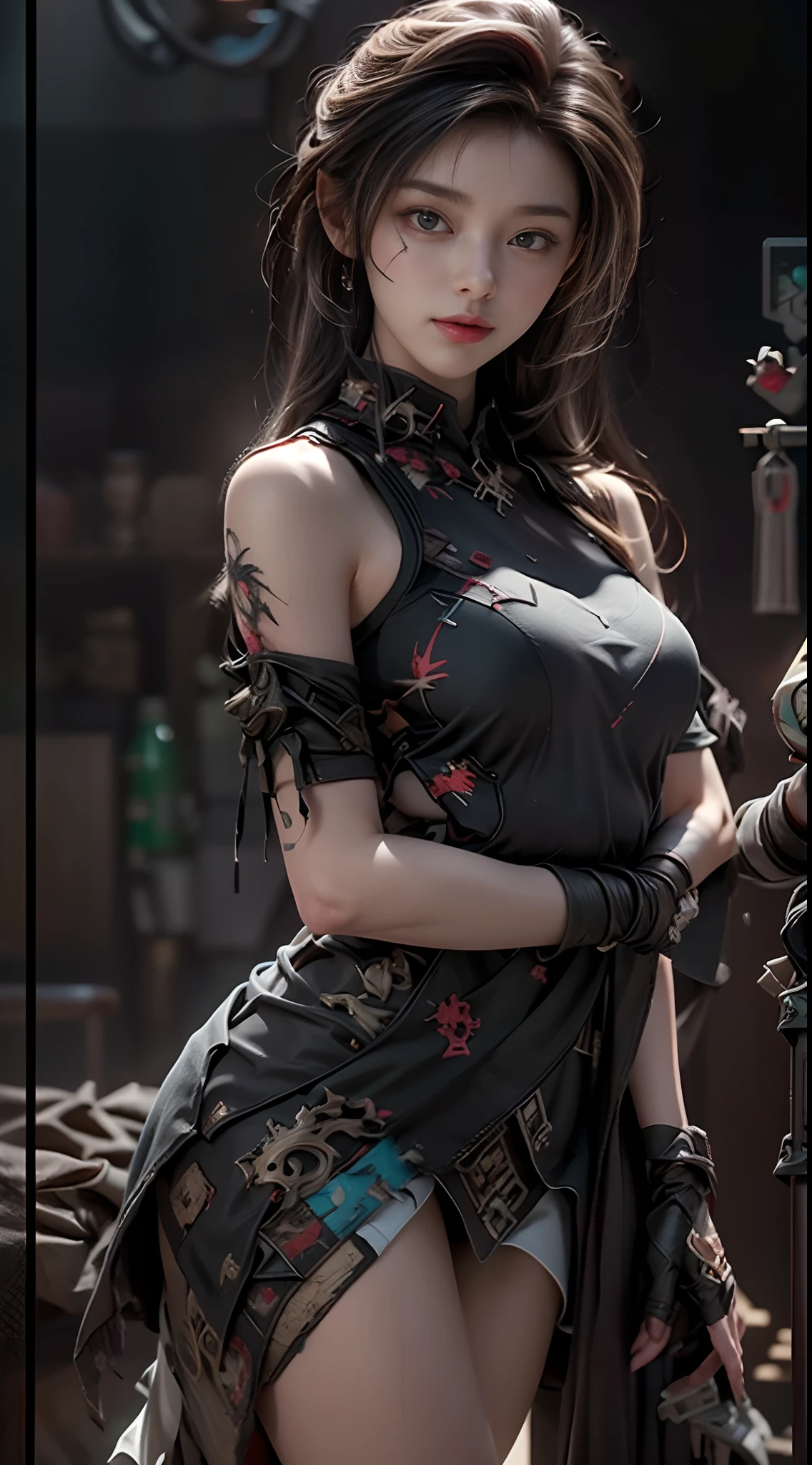 ((top-quality)), ((masterpiece)), (detaileds:1.4),。.。.。.。.。.。.。.。.。.。.。.3D, Beautiful Cyberpunk Woman Image,nffsw(HighDynamicRange),Ray traching,NVIDIA RTX,Hyper-Resolution,Unreal 5,Sub-surface scattering,PBR Texturing,Postprocess,Anisotropy Filtering,depth of fields,Maximum clarity and sharpness,multi-layer texture,Albedo and specular maps,Surface Shading,Accurate simulation of light-material interactions,perfectly proportions,Octane Rendering,Two-tone lighting,Wide aperture,Low ISO、White Balance、thirds rule、8K Raw、(Armor with a red dragon design),(((Clothes and armor are tattered))),(((Clothes are stained with dirt or dust))),((Upper body portrait))(((a miniskirt)))