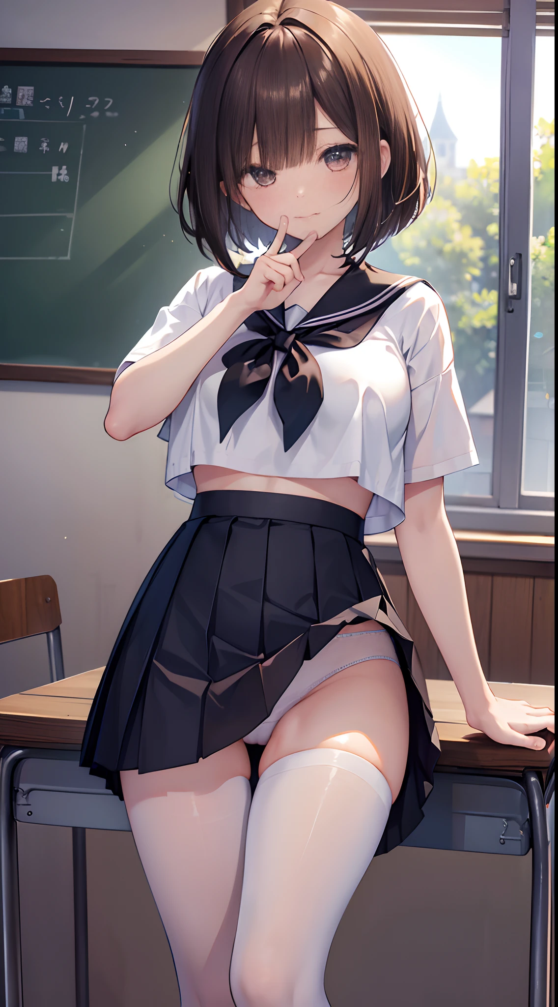 (top-quality、in 8K、32K、masterpiece、nffsw、超A high resolution、Impresionismo、Photorealsitic:1.2)、Colossal tits、cowboy shot, detailed faces and eyes、 Inside the classroom、Schools、Evening glow、beauitful face、blurry backround、-yeld beiful girl、shinny skin、Long bob cut、beautiful brown hair、Blunt bangs、Brown eyes、(I closed one eye、put index finger on mouth:1.2)、a sailor suit、Pleated miniskirt、Curve、No bra、、(Lifting skirt、I can see my panties:1.2)、thighs thighs thighs thighs、(Navel Ejection:0.4)、Dynamic Pose
Beautiful and perfect legs, Clean and perfect hands、Black pantyhose、White panties under pantyhose