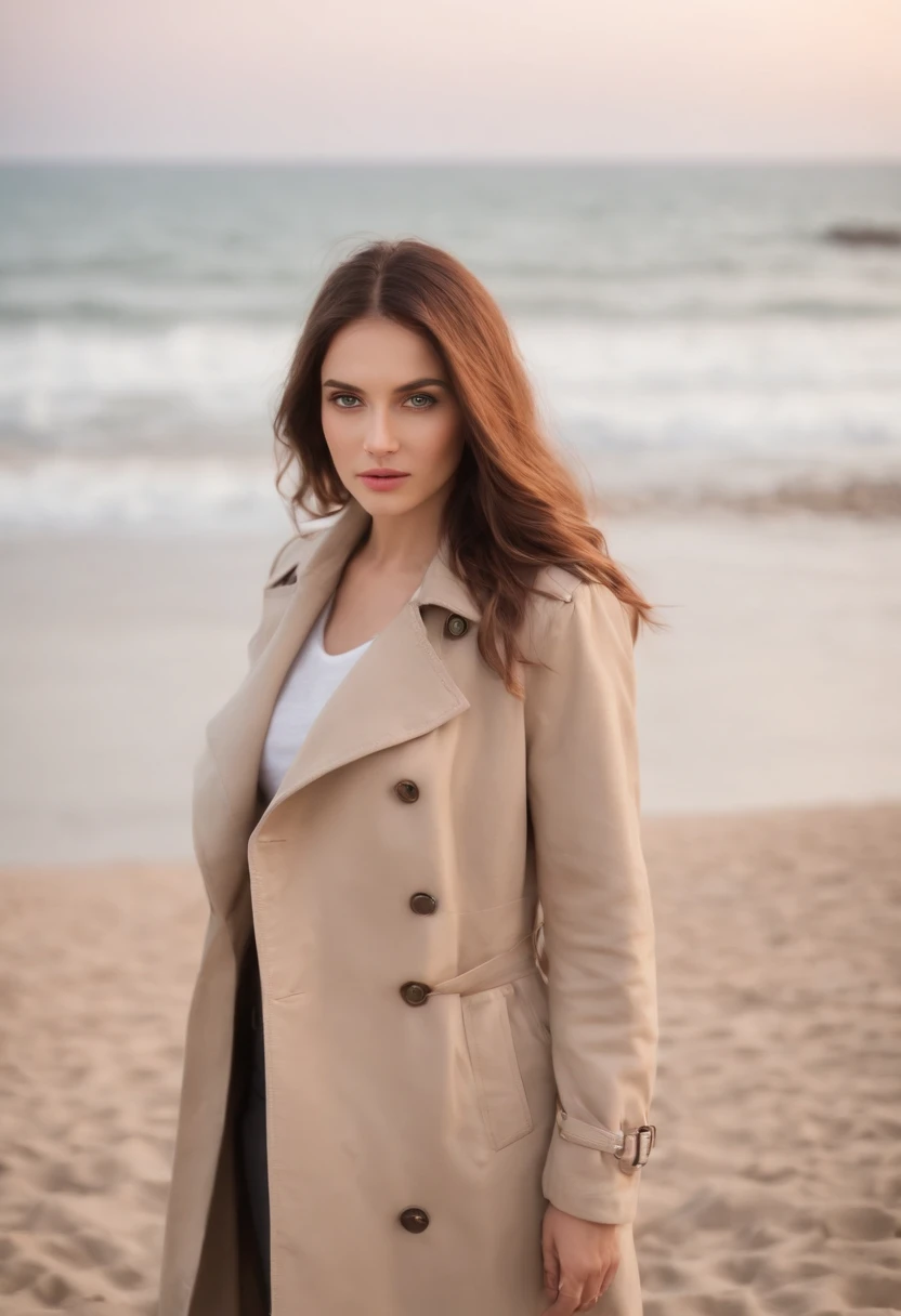 Un jeune en trench-coat marron, Cheveux violets moyens et yeux jaunes, Des yeux bien dessinés, Au loin, Dos et dos, les mains dans les poches. Seul au milieu d’une rue vide de la ville, La nuit. Style sombre, Parfaitement dessiné, Bonne coloration et femme quasiment réel avec des detail soigner sur une plage vue de loin qui admire l'ocean