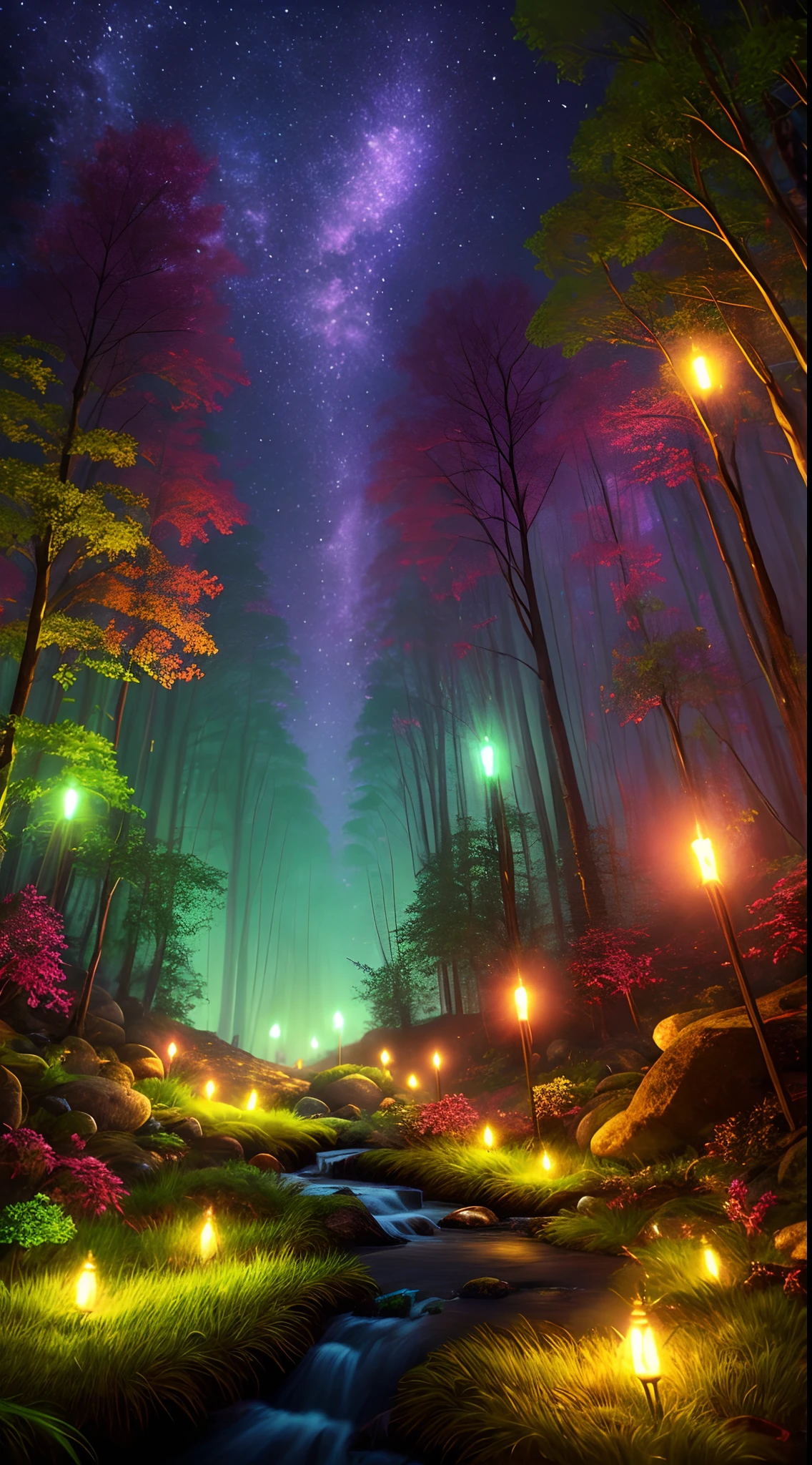 Cogumelos,，Realiy，dream magical，with light glowing，Glowing forest, Green moss，dark night environment, ultra - detailed