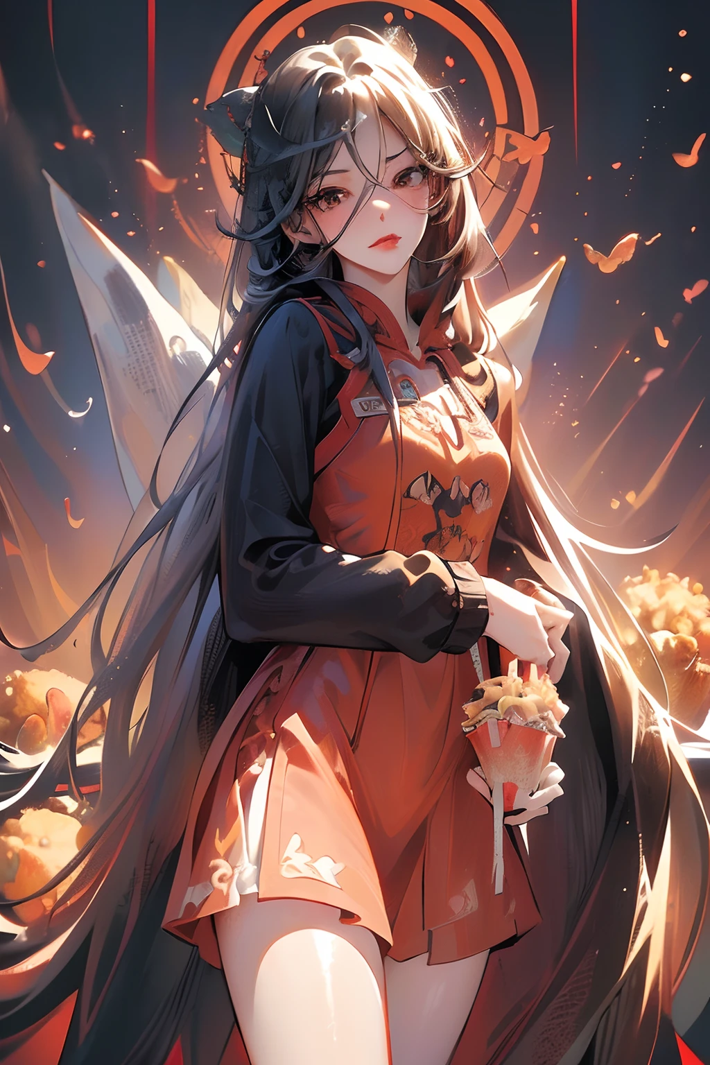(Masterpiece),(Best quality:1),(超高分辨率:1),the wallpaper,Detailed illustration,detailed beautiful skin,Dewy skin,Sweaty skin,(Front focus),(Very_Long_Legs:0.8),(Torn pantyhose:1),(idolmaster shiny colors,Cowboy shot,Straight black hair,Absurdly long hair:1.5),((1girll, Solo, Fried chicken shop, kfc, Sitting, Hoodie, Brown eyes, view the viewer,White hoodie, upper legs,hamburgers, Red lips, foot out of frame, Long sleeves, Lips, ))