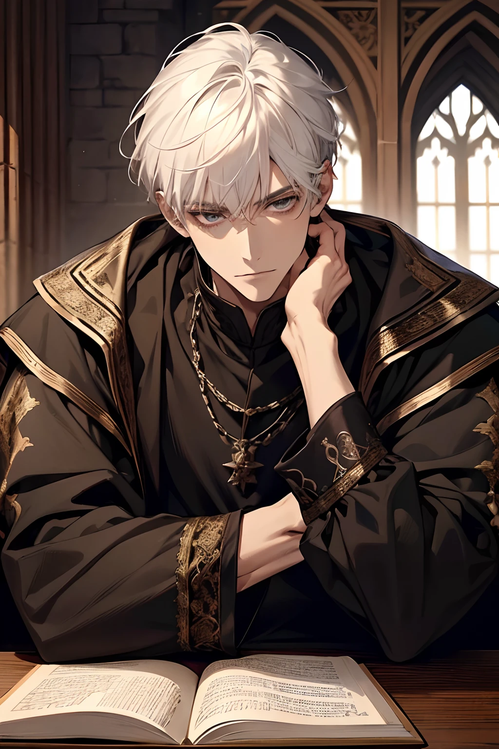 1male, calm, adult, age 35 face, handsome, short messy with bangs, white hair, royalty, prince, wears black clothing, in a castle, adult face, medieval times, close up, sitting at a table with a book, two hands, adult face, calm