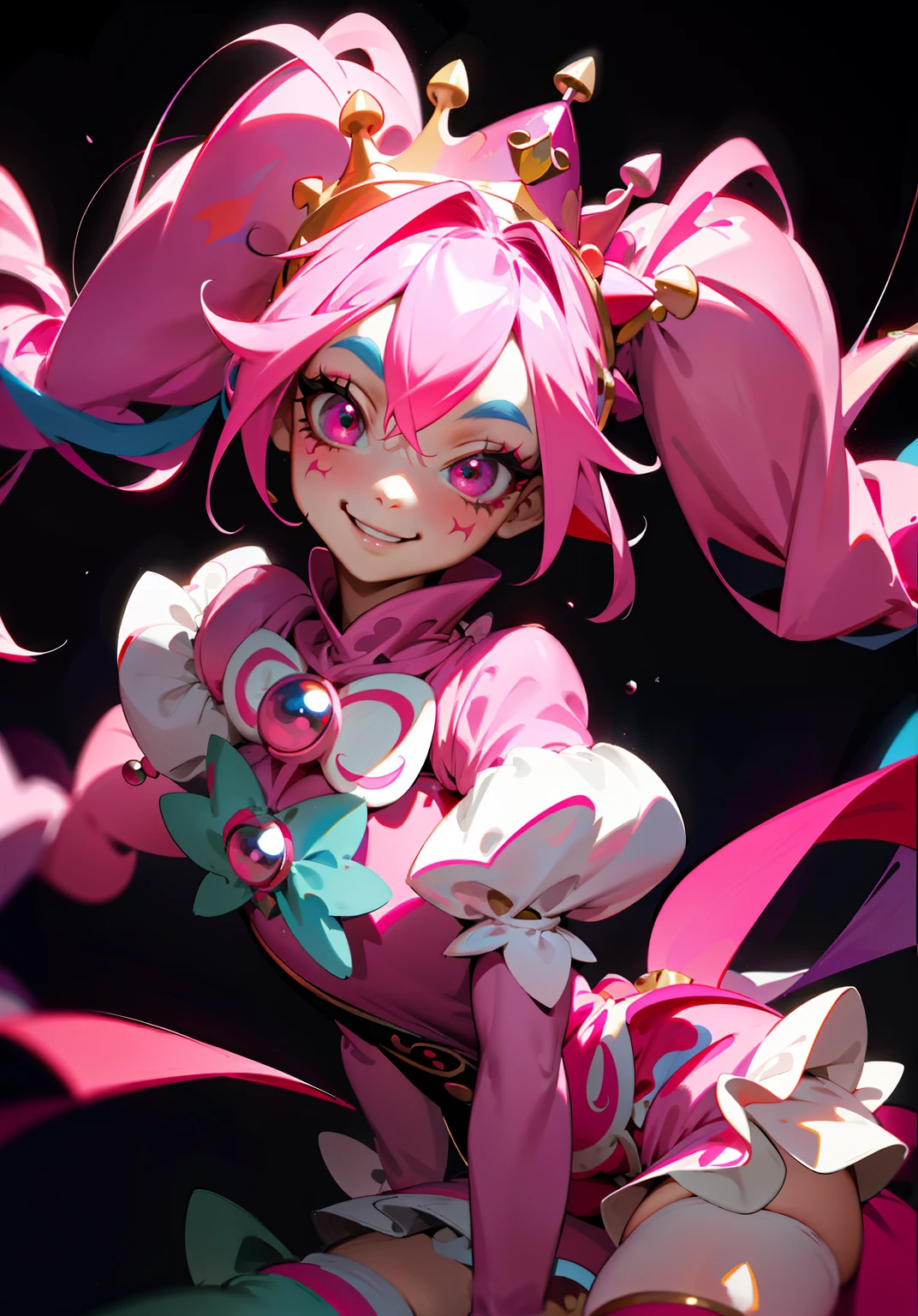 1GIRL, insane girl in long pink hair, crown, princess bubblegum style, finely detailed, (best quality), (intricate details), cute style, loli, jester style, multicolored, ((long pink messiest hair in pigtails)), best quality, ((long sleeve shirt and shorts)), ((red and white clothes)), ((jester style clothes)), ((thigh high socks)), ((round eyes)), ((has jester makeup)), beautiful face, happy, cute face, pinup, perfect face, simple background portrait, clowh hear cards, bubble gums