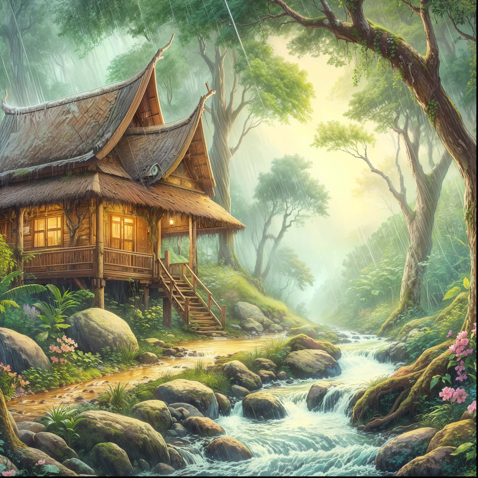painting of a house in the woods with a stream running through it, detailed painting 4 k, detailed 4 k painting, thailand art, 8 k hd detailed oil painting, highly detailed 4 k painting, beautiful oil matte painting, highly detailed digital artwork, 4k highly detailed digital art, beautiful detailed scene, cottage in the forest, beautiful fantasy painting, digital painting highly detailed