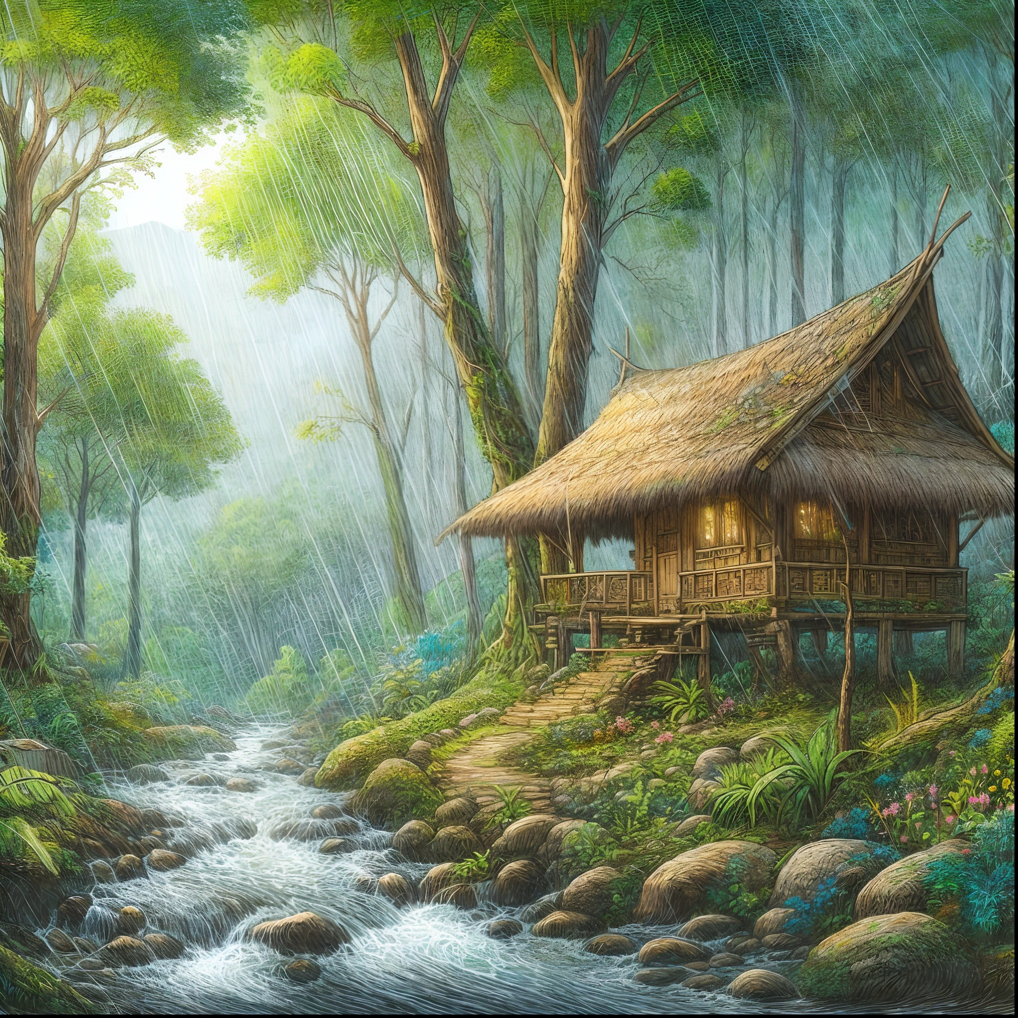 painting of a hut in the woods with a stream running through it, beautiful oil matte painting, cottage in the forest, house in forest, the small house in the forest, 8 k hd detailed oil painting, highly detailed 4 k painting, scenery artwork, beautiful fantasy painting, dream scenery art, detailed painting 4 k, beautiful artist rendering, house in the wood, thailand art