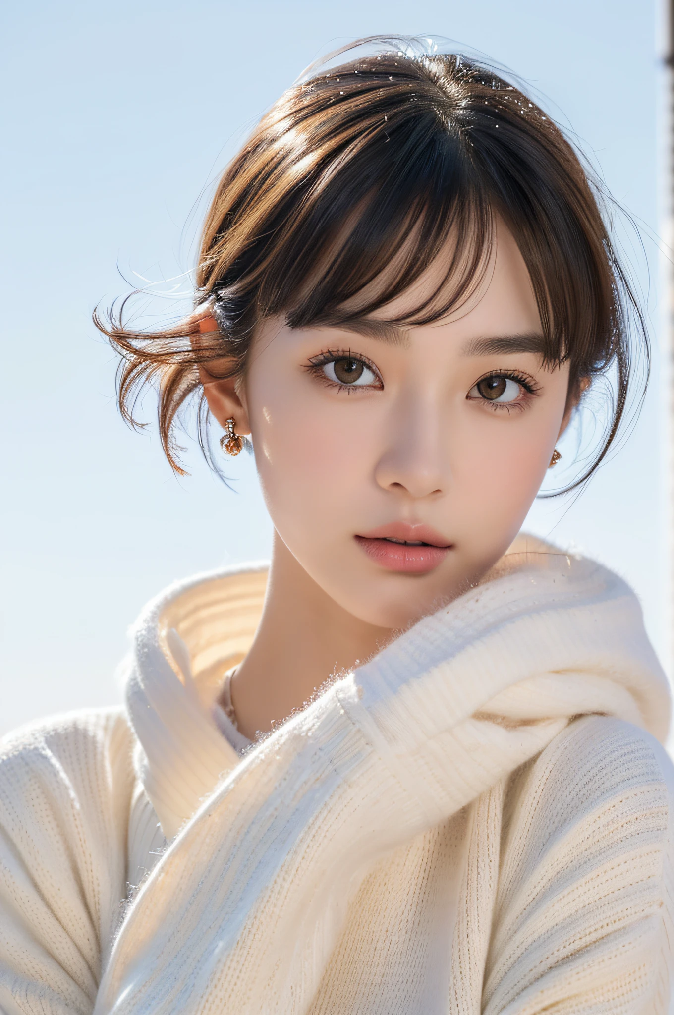 (8k, RAW photos, top quality, masterpiece: 1.2), ultra detailed, super resolution, (real, real photos: 1.37), portraits, high definition RAW color photos, professional photos, very detailed and beautiful, highly detailed, 8k wallpapers, amazing details, huge file size, official art, highly detailed CG Unity 8k wallpapers, highly detailed beautiful girls, highly detailed faces, Highly Detailed Eyes, Highly Detailed Skin, Highly Detailed Fingers, Very Detailed Nose, Highly Detailed Detailed Mouth, Perfect Anatomy, Detailed Background, Detailed Clothes, One Girl, (20:1.2), 20s, Cute Girl, Realistic Body, Petite, White Skin, Radiant Skin, Slim Body, Black Hair, Short Hair, (Blunt Bangs: 1.2), Cute, Youthful, Pretty Face, Realistic Face, Delicate Eyes, Sale Eyes, ( (Fashionable winter clothes)), ((Up)), ((((Short hair)))), Earrings, Looking at the camera, Cowboy shot, Facing Front, Standing Posture, Contrapposto, Dynamic Lighting, C Cup Breasts,