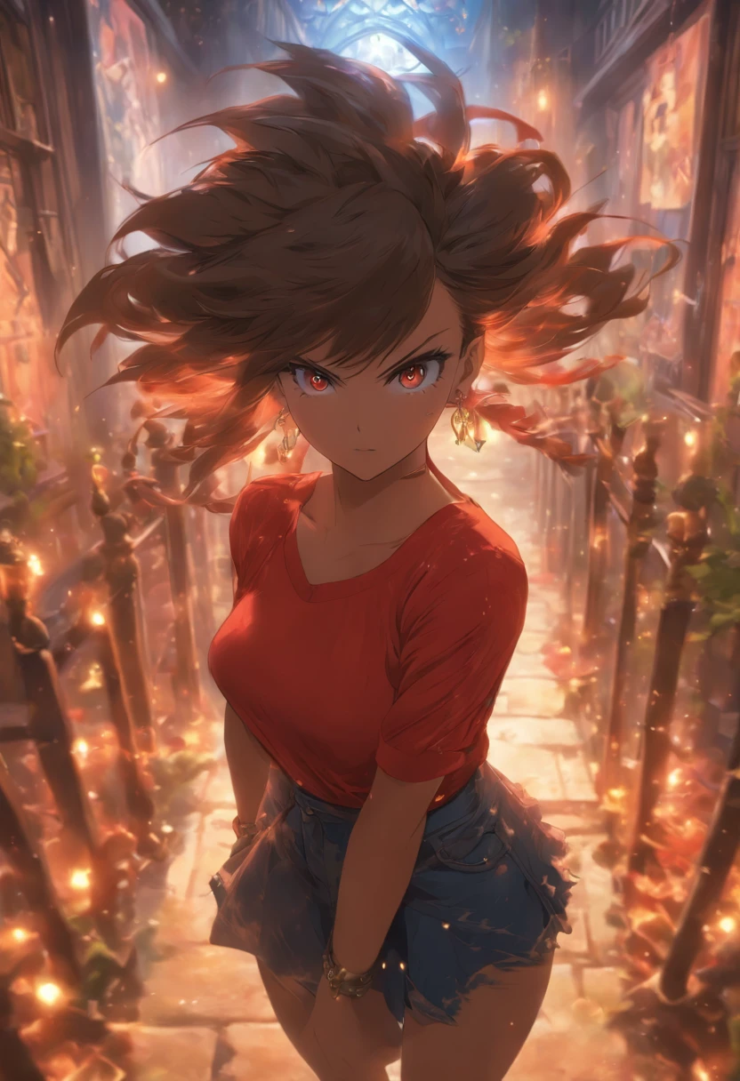 (Masterpiece), (Ultra detailed), (Best quality), Best-aesthetic, Depth of field, Realistic, 8K, (beautiful detailed glow), 1 Lovely woman, full bodyesbian, from the front side, Angry, stare, piercingeyes, Short hair, Brown hair, Gem earring, Red tight shirt and denim skirt,
Stand with your hands on your hips, Bend forward slightly, In front of the gate of the mansion,