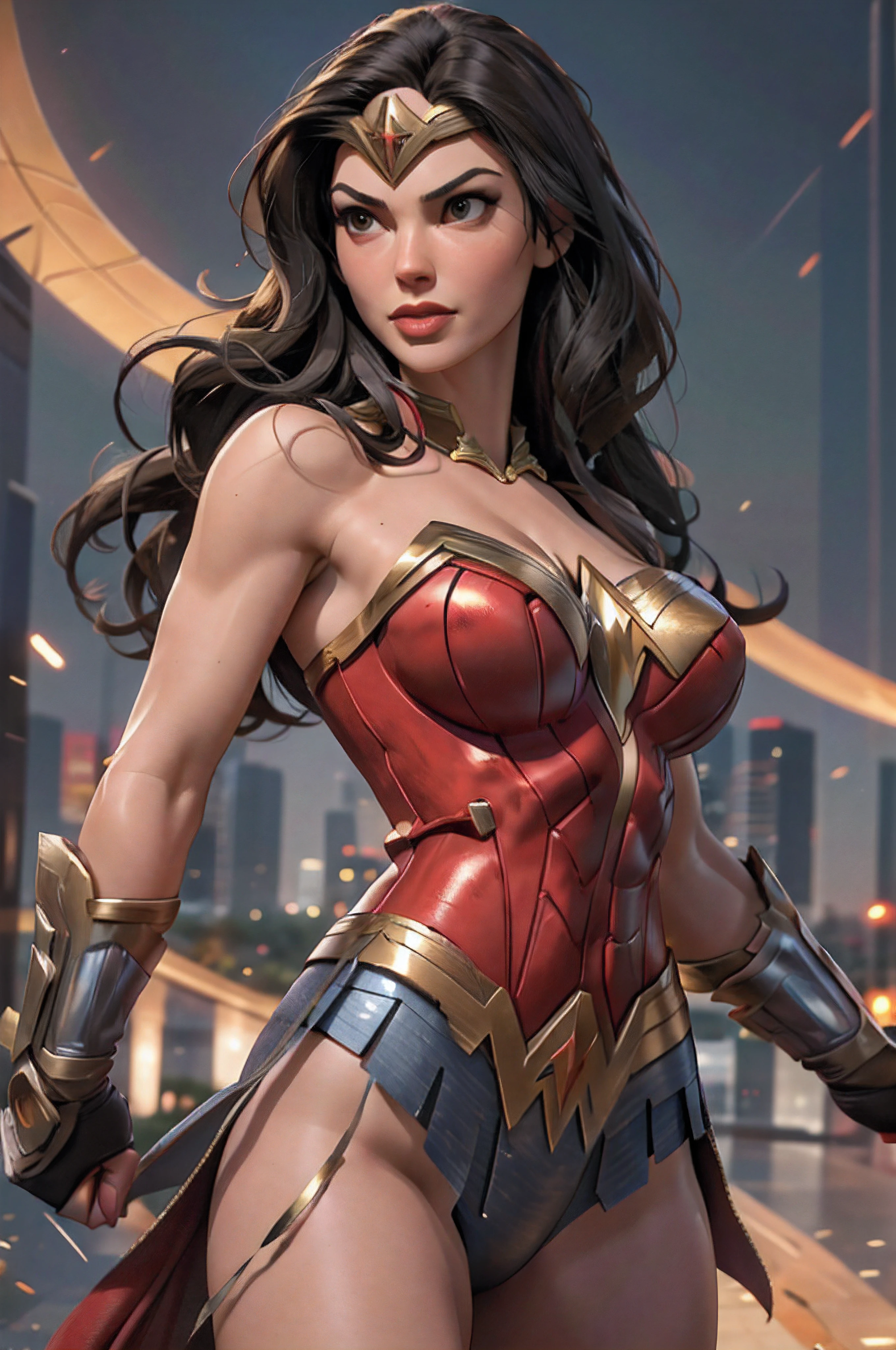 best quality,4k,8k, high res, masterpiece:1.2),ultra-detailed, realistic, photorealistic:1.37, dynamic, action-filled background, bombshell young version of Teri Hatcher cosplaying as Wonderwoman, In a fighting stance, Hyper fit, incredible shape, fun, charismatic, detailed eyes, detailed lips, beautiful engaging smile, sexy and confident