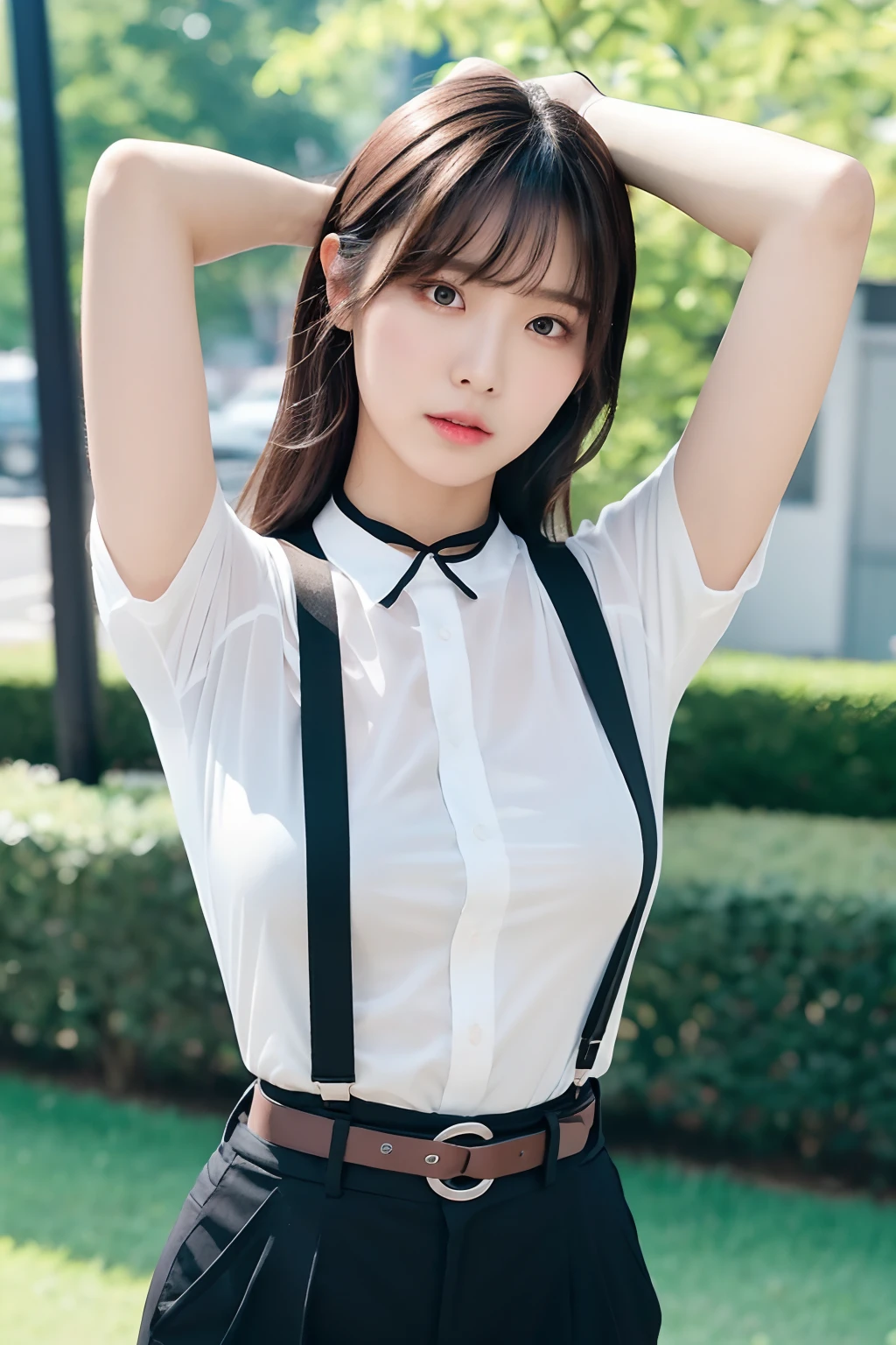 ​masterpiece、flat-colors、depth of fields、lens flare 1 girl、、Brown hair、watching at viewers　　　black suspenders　　　bulging big breasts　　　 　 Armpit sweat　perspiring　Side of both hands　　walls: 　Black miniskirt　garterbelts　　　　　　Gaze　　　Small face　Bangs Upper Eyes　flank　　Rat-colored eyes　　holster　　Belt Cutter Shirt