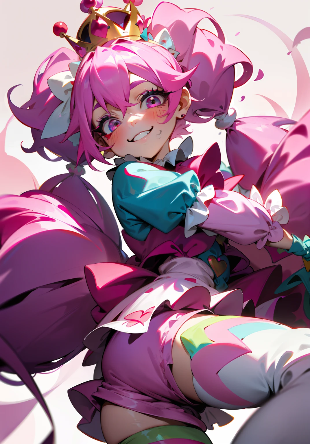 1GIRL, insane girl in long pink hair, crown, princess bubblegum style, finely detailed, (best quality), (intricate details), cute style, li, jester style, multicolored, ((long pink messiest hair in pigtails)), best quality, ((long sleeve shirt and shorts)), ((red and white clothes)), ((jester style clothes)), ((thigh high socks)), ((round eyes)), ((has jester makeup)), beautiful face, happy, cute face, pinup, perfect face, simple background portrait, clowh hear cards