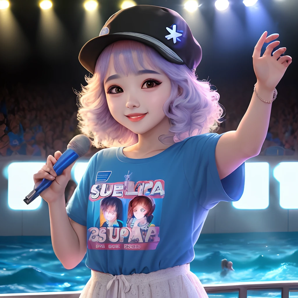 Menina loira ,olhos azuis , fandom super junior 
No show do super junior,  ligthstick na mar , blusa azul , disney princesa