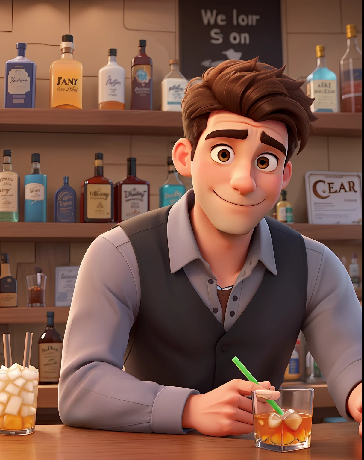 Create a Disney-style poster featuring a male character. He must be a thin, dark-skinned man, with very short brown hair combed to the side, he must have a short beard, he is wearing a black shirt. He must be around 30 years old. He must be preparing a drink behind a bar counter. It should have a black wall with several drinks in the background.