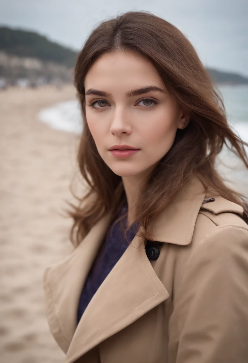 Un jeune en trench-coat marron, Cheveux violets moyens et yeux jaunes, Des yeux bien dessinés, Au loin, de Dos, les mains dans les poches. Seul au milieu d’une rue vide de la ville, La nuit. Style sombre, Parfaitement dessiné, Bonne coloration et femme quasiment réel avec des detail soigner sur une plage vue de loin qui admire l'ocean