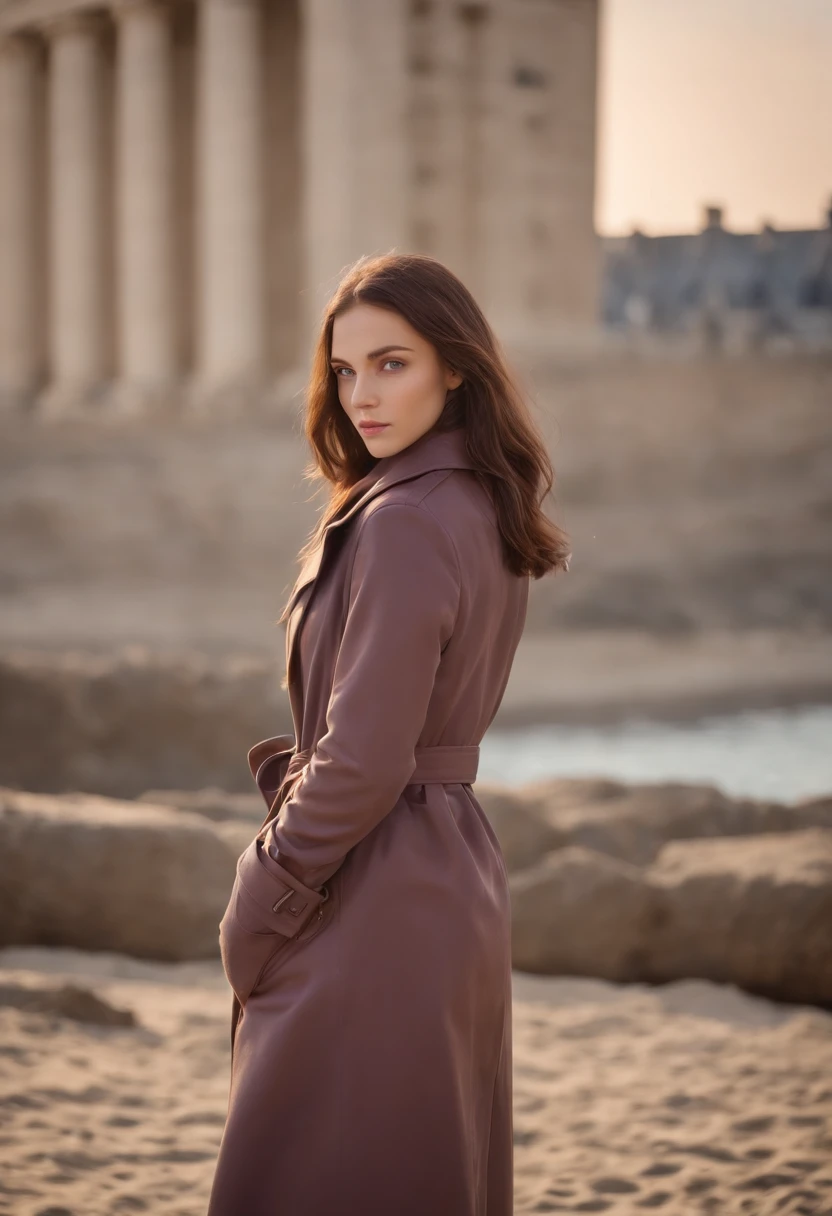 Un jeune en trench-coat marron, Cheveux violets moyens et yeux jaunes, Des yeux bien dessinés, Au loin, de Dos, les mains dans les poches. Seul au milieu d’une rue vide de la ville, La nuit. Style sombre, Parfaitement dessiné, Bonne coloration et femme quasiment réel avec des detail soigner sur une plage vue de loin qui admire l'ocean