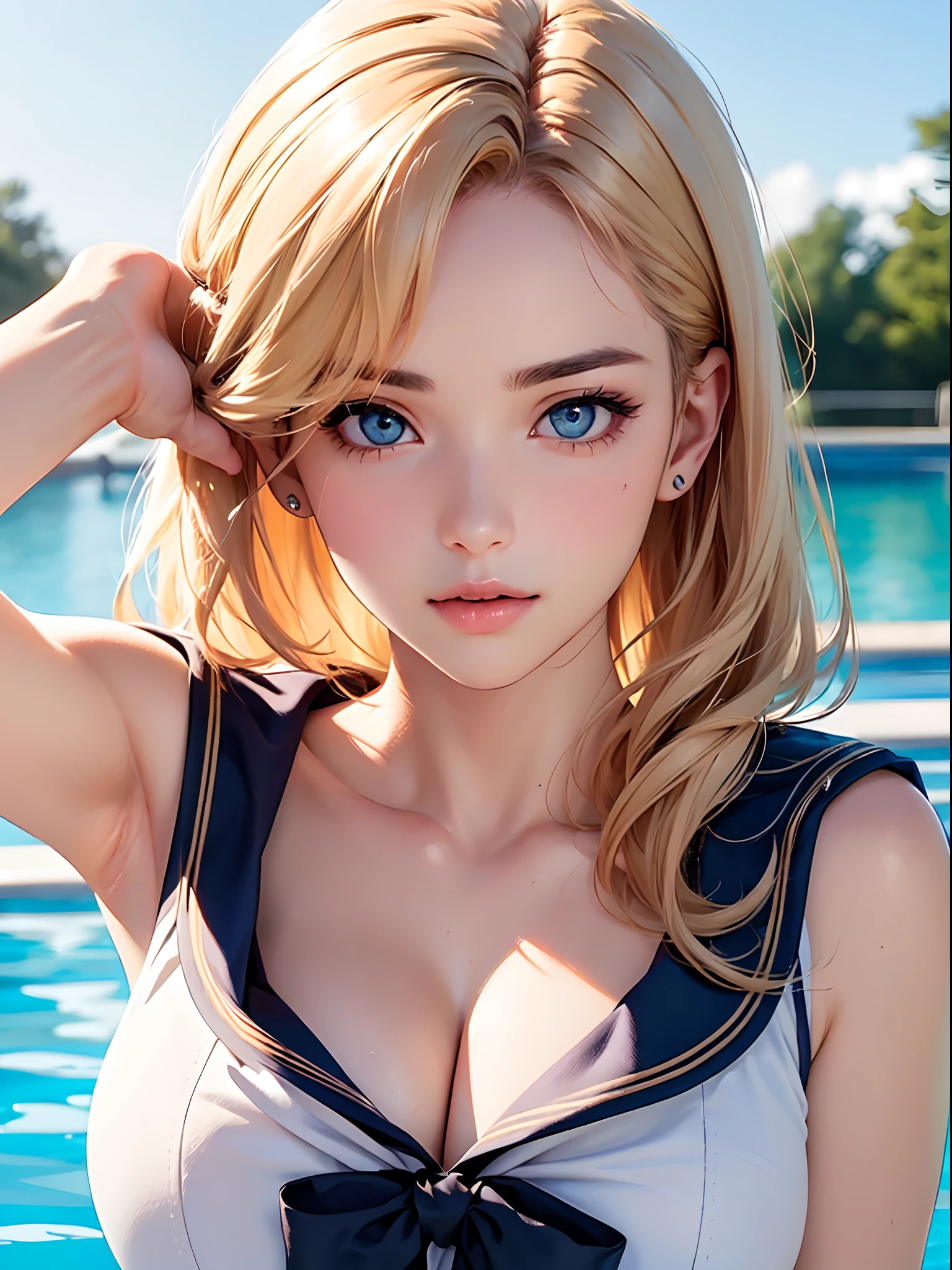 close up of upper body, (large breasts), (cleavage), ((Smooth texture, Realistic texture, Photorealistic)), (Detailed beautiful eyes, Beautiful eyelashes, emerald eyes), blonde medium hair, extremely detailed CG unified 8k wallpaper, very fine 8KCG wallpaper, (masterpiece, Best Quality), High resolution, Ultra-detailed, ultra-sharp, 1 woman, at poolside, ((( shee rwhite sailor shirt, Sleeveless, Open front))), (Beautiful face, Cute face, Detailed face), (((Sunny))), Perfect Eyes Eyes