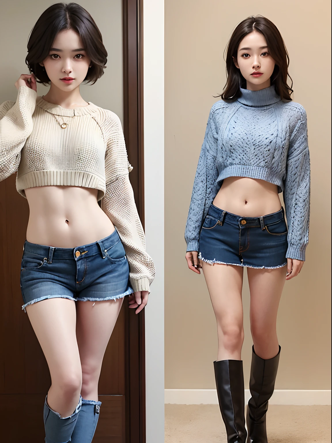 full body Esbian、frontage、A slender、(masuter piece:1.3)、(8K、Photorealsitic、Raw photography、top-quality: 1.4)、(1girl in)、beautiful countenance、(Lifelike face)、(A dark-haired、Long)、Beautiful hairstyle、realisticeyes、Beautiful details、(real looking skin)、Beautiful skins、、absurderes、enticing、超A high resolution、A hyper-realistic、high-detail、the golden ratio、((wide open abdomen))、((open abdomen))、((wide open navel))、((open navel))、((Bare belly))、((Mid-Riff Sweater))、((Mid-Riff Sweater))、((Ultra-low rise、Denim Mini Skirt))、 ((Navel Ejection))、((small hips))、((long limbs))、((Full body depiction))、((small hip))、(long boots)、((Ultra-low rise))、((Denim Mini Skirt))、((is standing))、 ((wide open abdomen))、((open abdomen))、((wide open navel))、((open navel))、((Bare belly))、((Mid-Riff Sweater))、((Ultra-low rise、Denim Mini Skirt))、 ((Navel Ejection))、((small hips))、((Full body depiction))、((small hip))、(boots)、((Ultra-low rise))、((Denim Mini Skirt))、((is standing))、