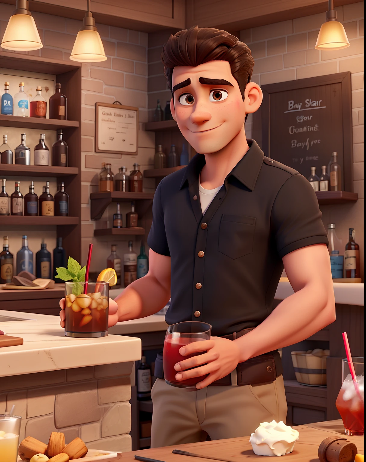 Create a Disney-style poster featuring a male character. He must be a thin, dark-skinned man, with very short brown hair combed to the side, he must have a short beard, he is wearing a black shirt. He must be around 30 years old. He must be preparing a drink behind a bar counter. It should have a black wall with several drinks in the background.