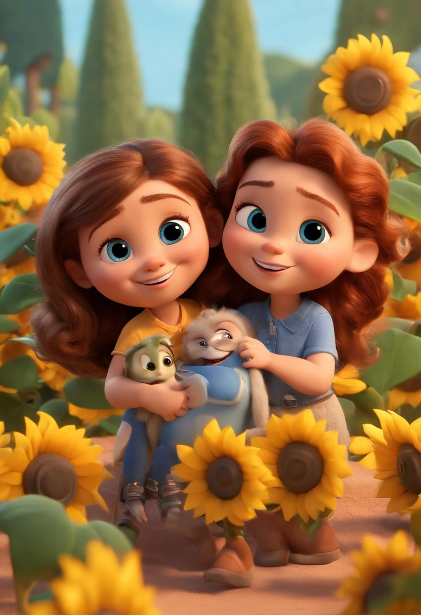 Create a Disney PIXAR-style 3D poster. ((centro da imagem, Triplets)), ((3 )) ((1 menino no meio e 2 meninas ao lado, They're hugging each other, O menino tem pele castanha e cabelos castanhos escuros e olhos castanhos escuros, 1 menina tem pele clara, olhos e cabelos escuros e cacheados, e a outra menina tem pele morena, olhos escuros e cabelos escuros e lisos)) ((tudo isso no estilo Disney PIXAR 3D, In the background, A house of sunflowers, Gloria Studio, The garden is full of nature 3D render RTX clay material, estilo de design cartunesco, POP Mart, soft lighting, linhas suaves, Spring tilt, Detailed illustrations of PIXAR 3D, Detalhes hiper-realistas, cor quente no estilo Disney PIXAR 3D))