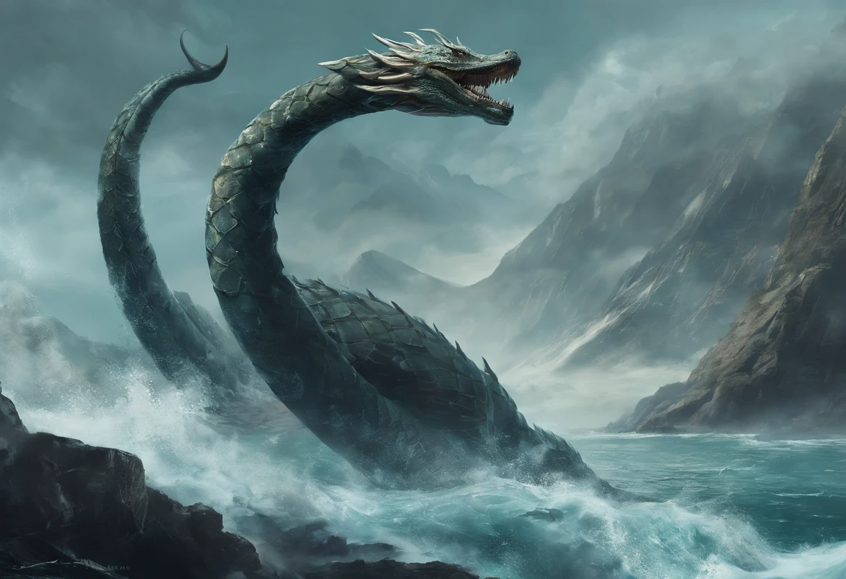 China-style，Chinese mythology，Dragon turtle，faucet，Angular，Turtle body，Giant tortoiseshell shell，（Heavy tortoiseshell shell：1.4），The tail of the snake grows out，has horns on its head，tosen，Ferocious，gargantuan，The eyes glow blue light，the sea，Huge waves，surrounded by cloud，中景 the scene is，Full body like， highly detailed surreal vfx，oc rendered，