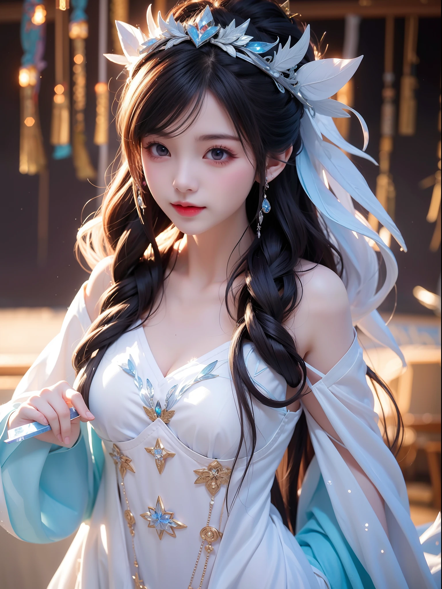 (Masterpiece, top quality, best quality, extreme detail, highest detail, official art, Beauty and Aesthetics: 1.2), Colorful, Denim Shot, Upper Body Shot, Beautiful Face, Solo, Perfect Body, On the Sky Clouds, Fairy, Flowing Streamers, Sun Rays, Clouds, Full Body, Hanfu, Chinese Clothes, White Dress, Water, Fireflies, Night, Starry Sky, Jewelry, Feathers on Dresses, Peacock Feathers, Light Particles, Volumetric Lighting, Ray Tracing (Flowing Streamers: 1.1), (Fantasy: 1.2), Illuminator, Stars, Fantasy, High Contrast, Ink Strokes, Overexposure, Purple and Red Tone Impressions, Abstract, ((Watercolor by John Berkey and Jeremy Man)) Brush Strokes,