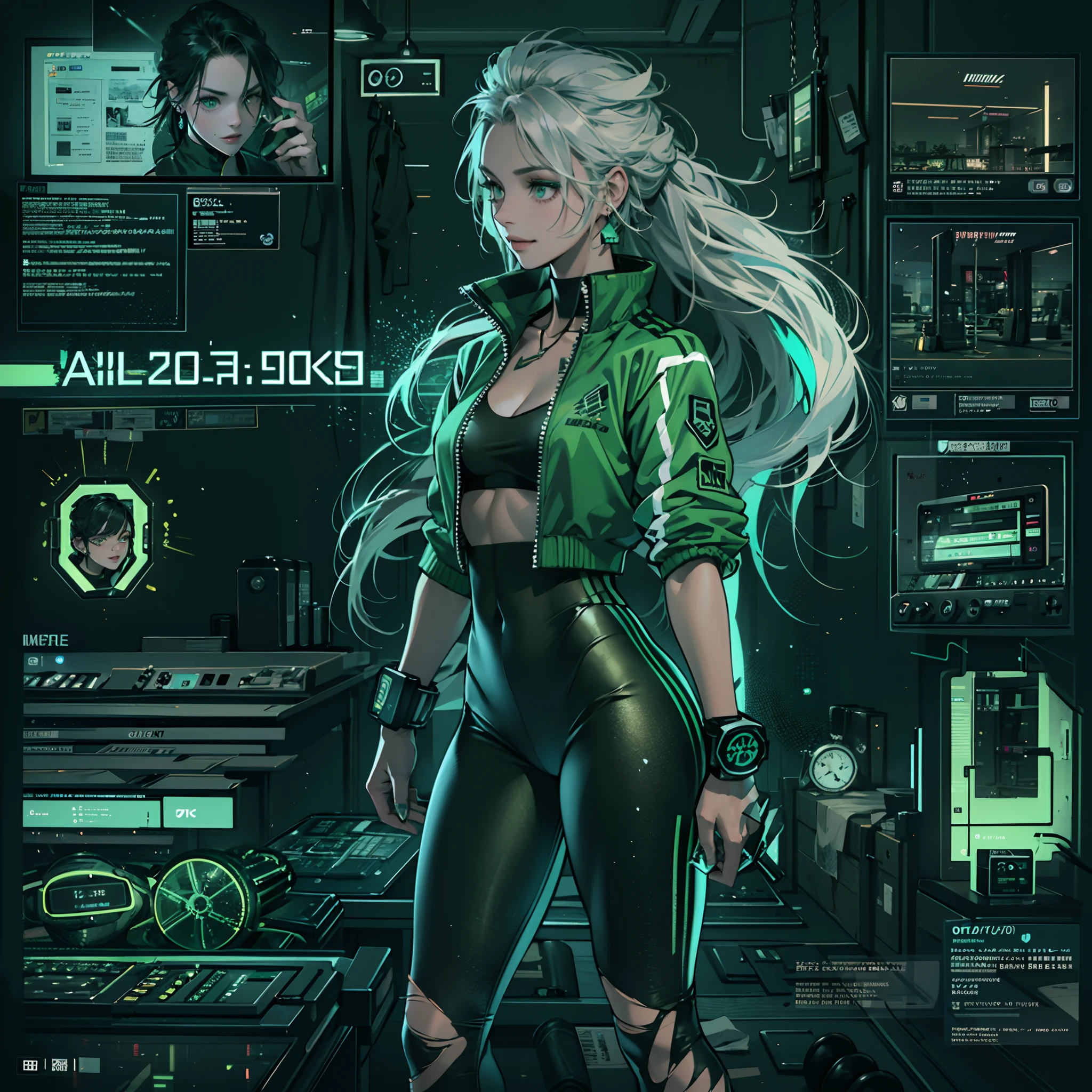 Best quality，tmasterpiece，Ultra-high resolution fills the picture，Indoor at night，the night,Indoor neon lights，Green color scheme，Intense grass green,Silvery-white hair，Green black leggings，green and black color scheme,Sporty skirts，the complex background，Gym interior background,Weight instruments in the background，High-tech screen in the background，Lateral face，Smiling，Dress less，There are fitness elements in the rear，nike，nike,nike,Tech gym，Perfect makeup，Love eyes，8K quality，Cyberpunk，sense of science and technology，Character backlighting，rim-light，Movement changes，Flowing hairstyle，Loose hairstyle,The number of fingers is refined，Full body in camera,9 doppelganger diagram，Luminous stud earrings，Luminous digital necklace，Electronic digital watches，The most beautiful girl in mankind，Delicate close-up of the face，Realistic image quality，Super light and shadow，Very good figure，Meticulous，Arrow symbol，Brand sense，English slogan neon，Runway lights，Fitness gym at night，Very good figure，Raised sexy,luminous,Faraway view,Full body in camera，独奏，There is only one character，femele