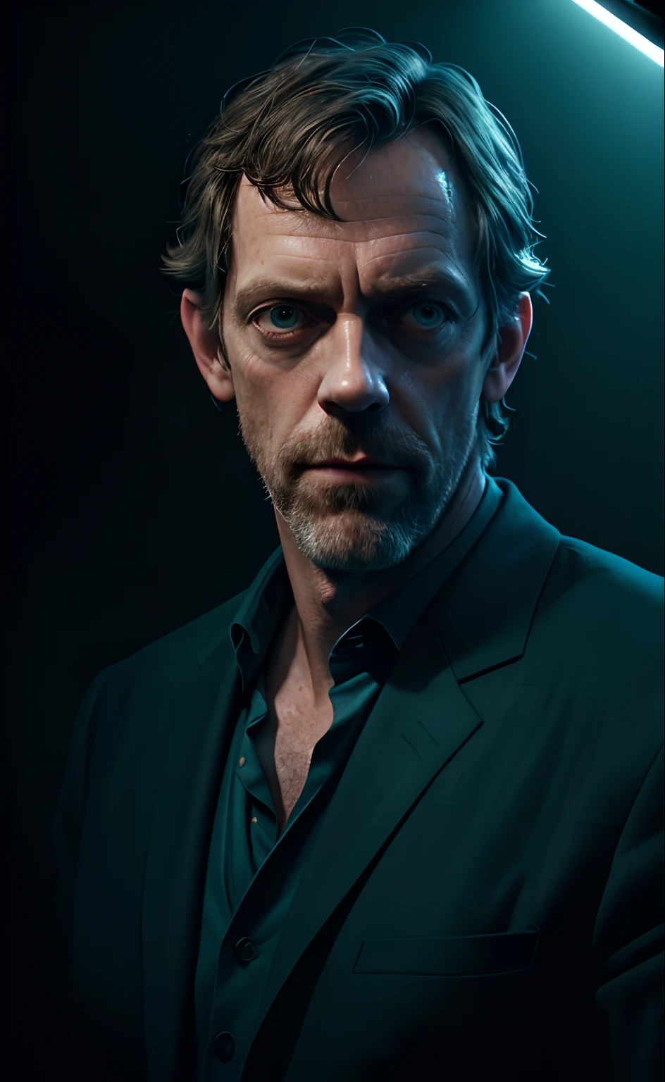 portrait of a award winning photo of hugh laurie posing in a dark studio, (rim lighting,:1.4) two tone lighting, sharp focus, teal hue, octane, unreal, dimly lit, low key