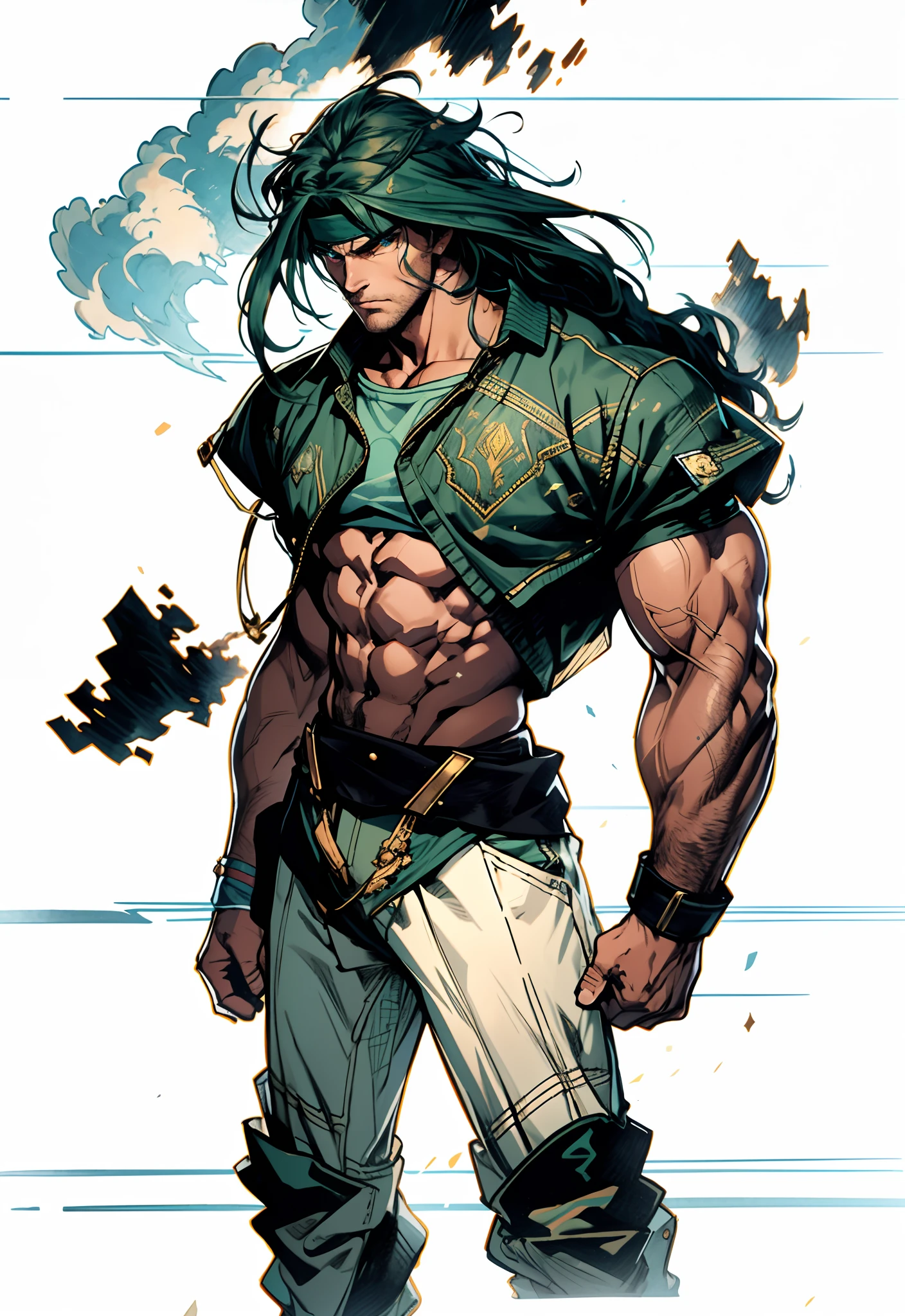 A middle-aged man, dark green long hair, wildly disheveled and exaggerated hairstyle, a headband, no eyebrows, a stern gaze, a well-defined facial structure, a tall and muscular physique, a fantasy-realistic style outfit, only a half-length windbreaker coat, sleeveless, revealing sturdy abdominal muscles, wearing wrist guards, matching trousers with the outfit, standing like a deity, dark clouds gathering in the sky, flashes of lightning and thunder, wild winds swirling around, this character embodies a finely crafted fantasy-style wild overlord in anime style, characterized by an exquisite and mature manga illustration art style, high definition, best quality, highres, ultra-detailed, ultra-fine painting, extremely delicate, professional, anatomically correct, symmetrical face, extremely detailed eyes and face, high quality eyes, creativity, RAW photo, UHD, 8k, Natural light, cinematic lighting, masterpiece-anatomy-perfect, masterpiece:1.5