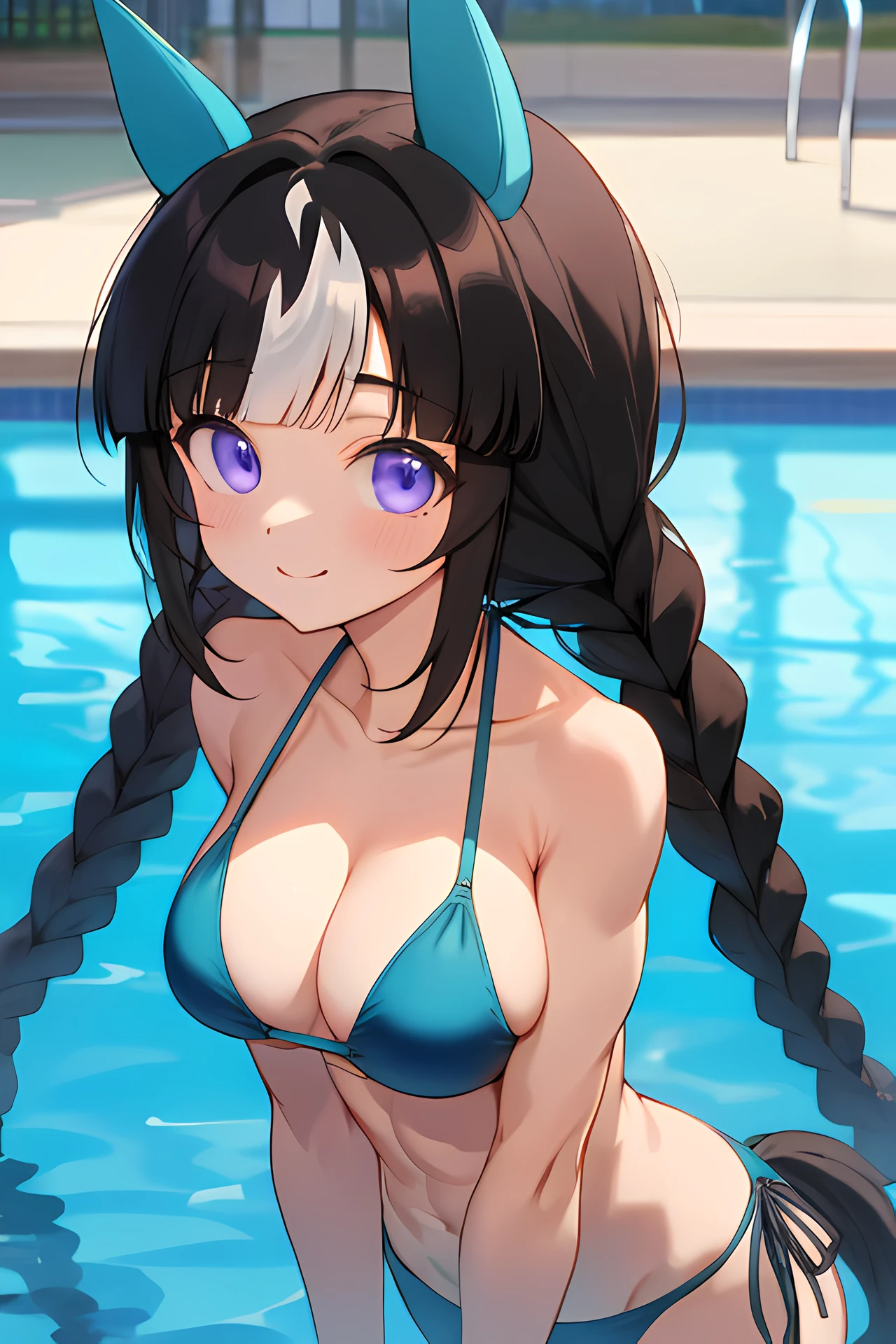 hokko tarumae \(umamusume\), masterpiece, best quality, ultra-detailed face, muscle, abs, front, upper body, plain bikini, horse tail, pool, light smile, detailed clear eyes, large tits