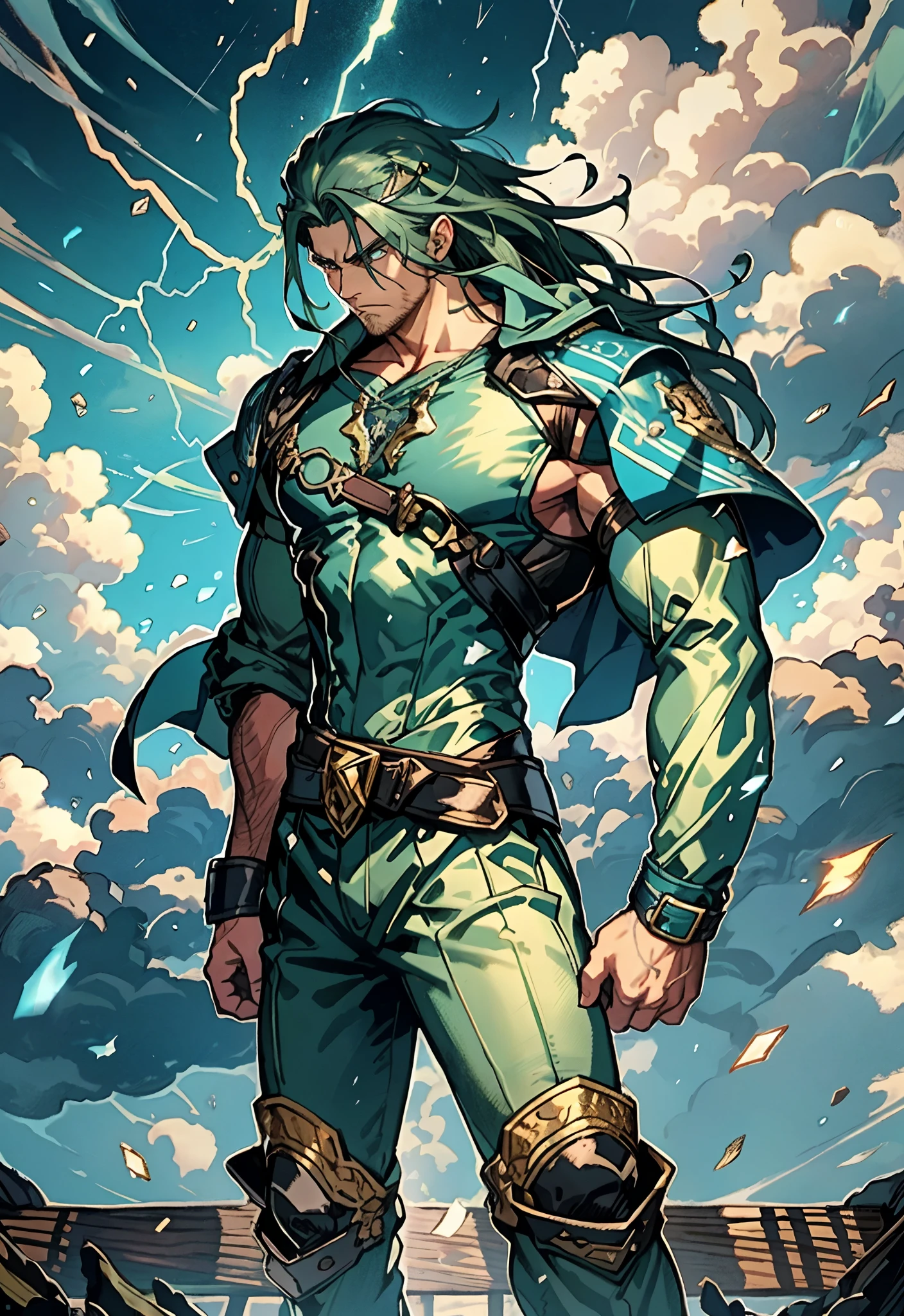 A middle-aged man, dark green long hair, wildly disheveled and exaggerated hairstyle, a headband, no eyebrows, a stern gaze, a well-defined facial structure, a tall and muscular physique, a fantasy-realistic style outfit, only a half-length windbreaker coat, sleeveless, revealing sturdy abdominal muscles, wearing wrist guards, matching trousers with the outfit, standing like a deity, dark clouds gathering in the sky, flashes of lightning and thunder, wild winds swirling around, this character embodies a finely crafted fantasy-style wild overlord in anime style, characterized by an exquisite and mature manga illustration art style, high definition, best quality, highres, ultra-detailed, ultra-fine painting, extremely delicate, professional, anatomically correct, symmetrical face, extremely detailed eyes and face, high quality eyes, creativity, RAW photo, UHD, 8k, Natural light, cinematic lighting, masterpiece-anatomy-perfect, masterpiece:1.5
