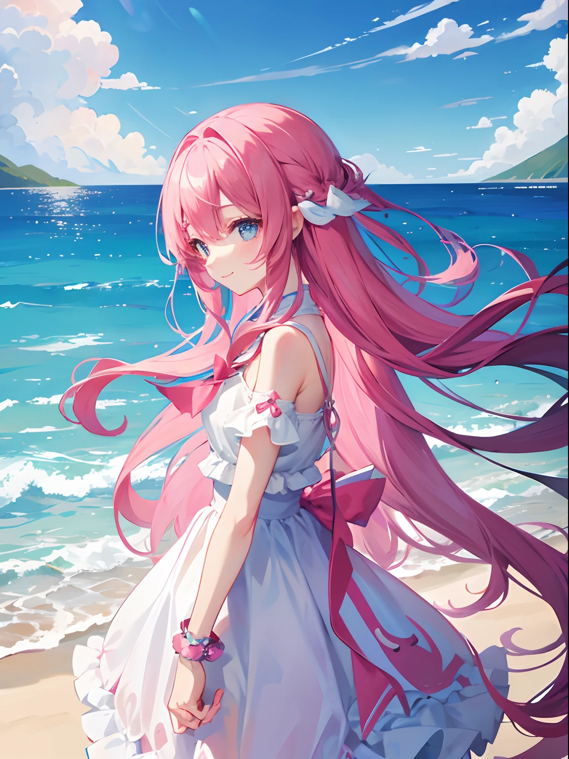 Girl with long pink hair、Cute high school girl like a fairy、Sea, blue sky and clouds、kirakira、Clothes that show shoulders、a smile、profile、