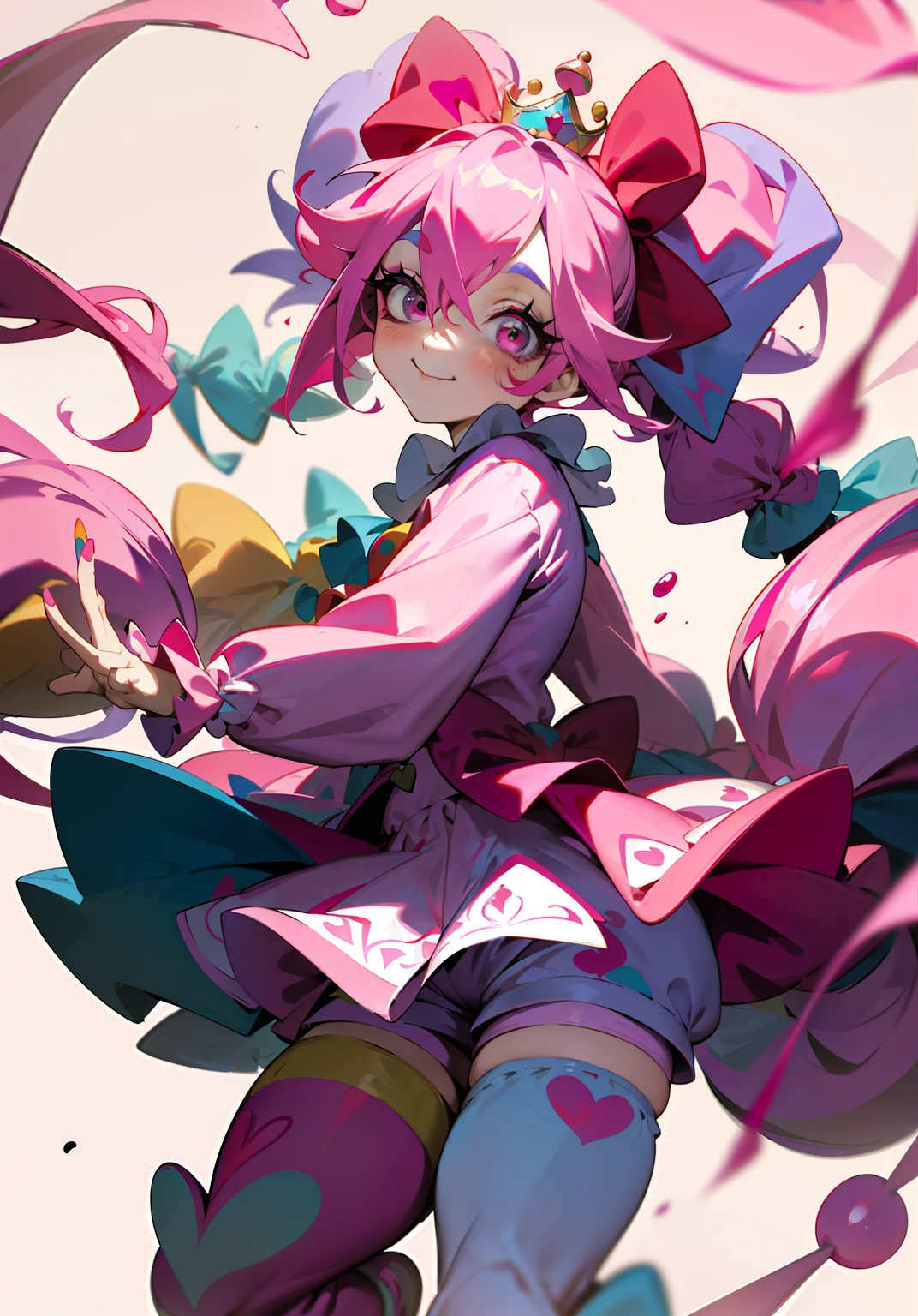 1GIRL, insane girl in long pink hair, crown, princess bubblegum style, finely detailed, (best quality), (intricate details), cute style, loli, jester style, multicolored, ((long pink messiest hair in pigtails)), best quality, ((long sleeve shirt and shorts)), ((red and white clothes)), ((jester style clothes)), ((thigh high socks)), ((round eyes)), ((has jester makeup)), beautiful face, happy, cute face, pinup, perfect face, simple background portrait, clowh hear cards, bubble gums