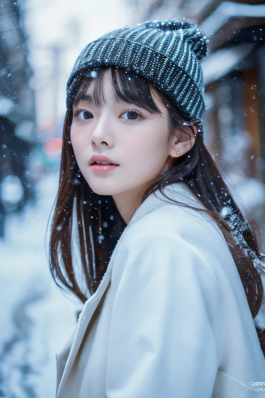 winter, landscape, snow, cold, trembling, snot, breath, runny nose, outdoors, 1girl, solo, milla maxwell, highres, absurdres,
