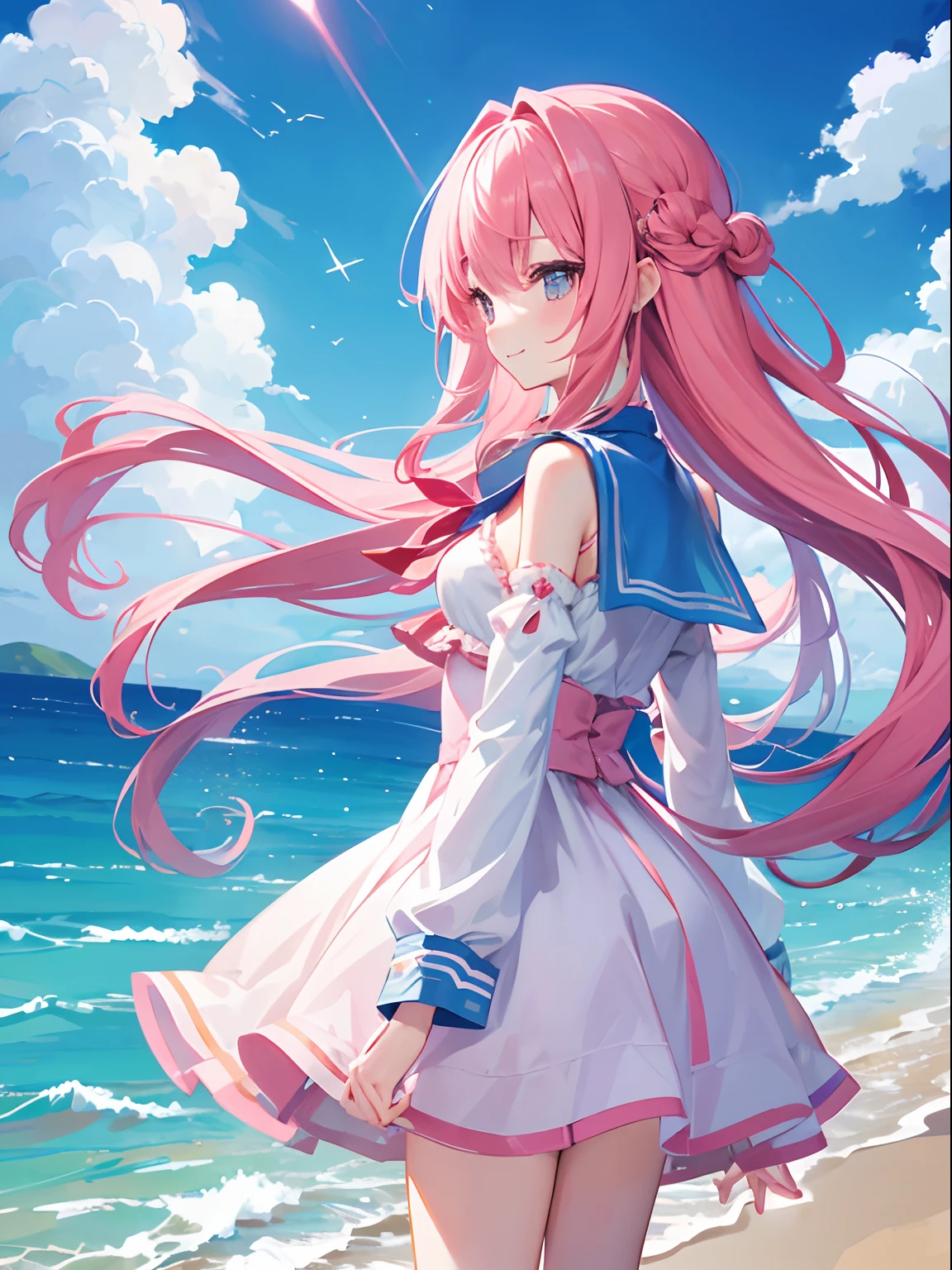 Girl with long pink hair、Cute high school girl like a fairy、Sea, blue sky and clouds、kirakira、Clothes that show shoulders、a smile、profile、