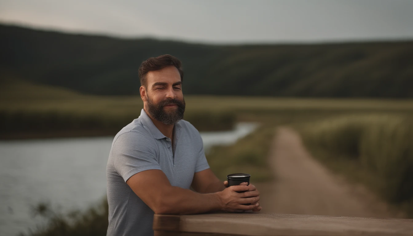um homem de 35 anos magro e de ilhas e cabelos castanhos. He is holding a mug in his right hand and is wearing a yellow polo shirt. It's in your convenience store