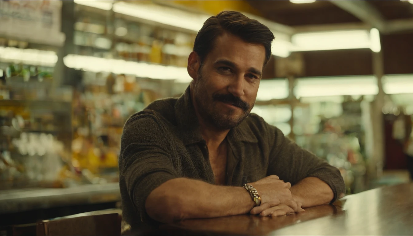 um homem de 35 anos magro e de ilhas e cabelos castanhos. He is holding a mug in his right hand and is wearing a yellow polo shirt. It's in your convenience store